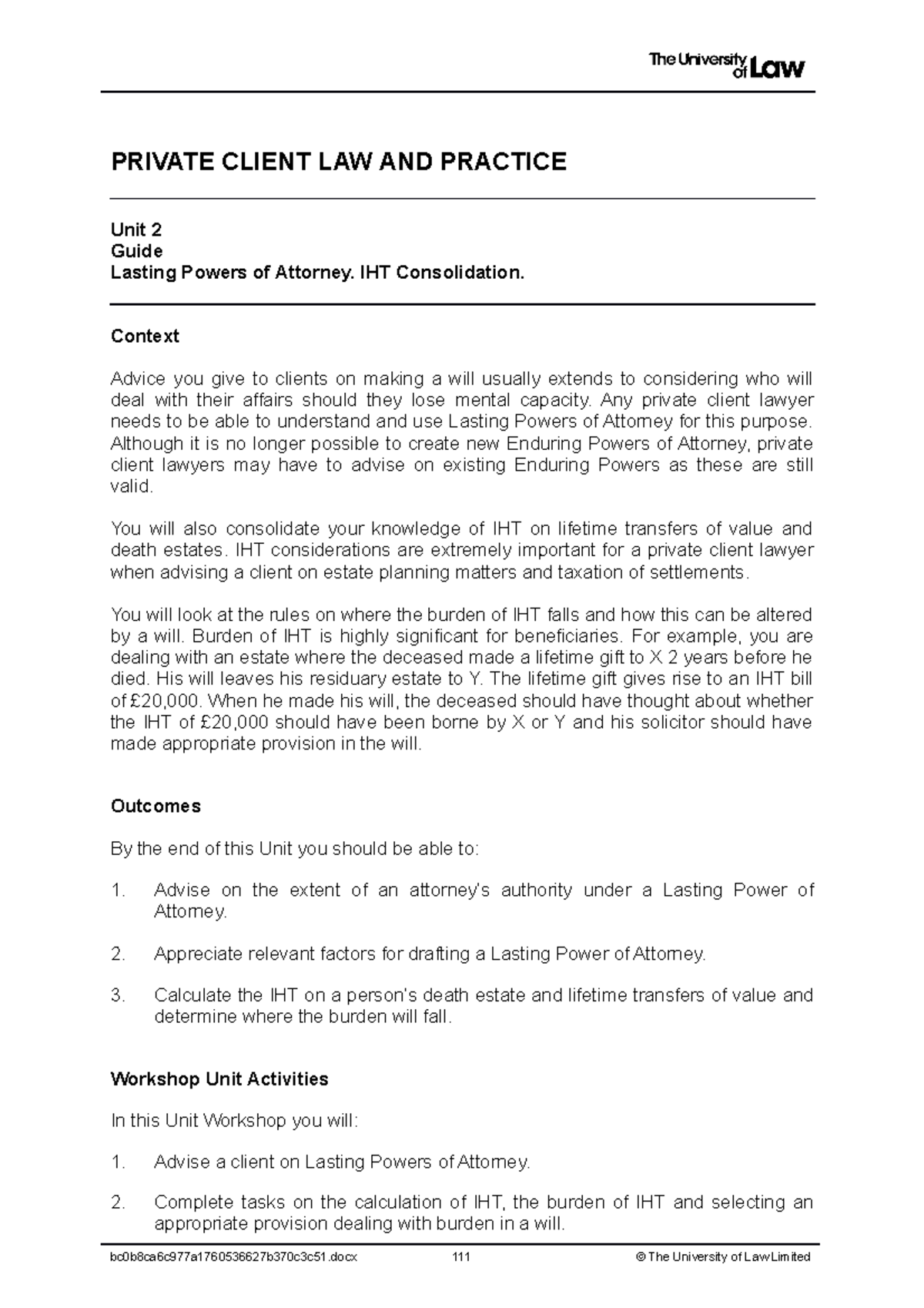 Private Client Law & Practice: Unit 2 Workshop Guide on LPAs & IHT ...