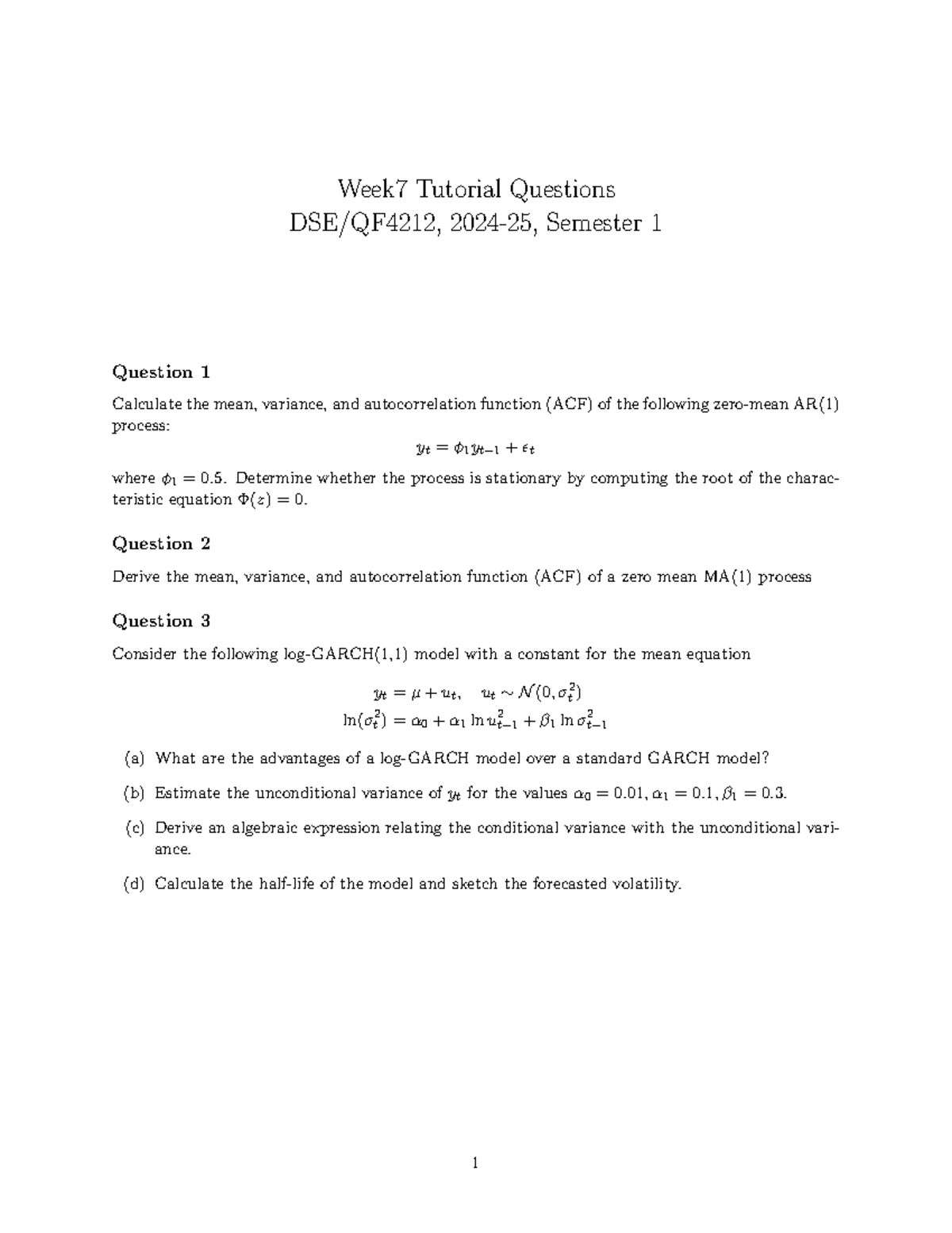 DSE QF4212 Week 7 tutorial questions on AR(1) and MA(1) processes - Studocu