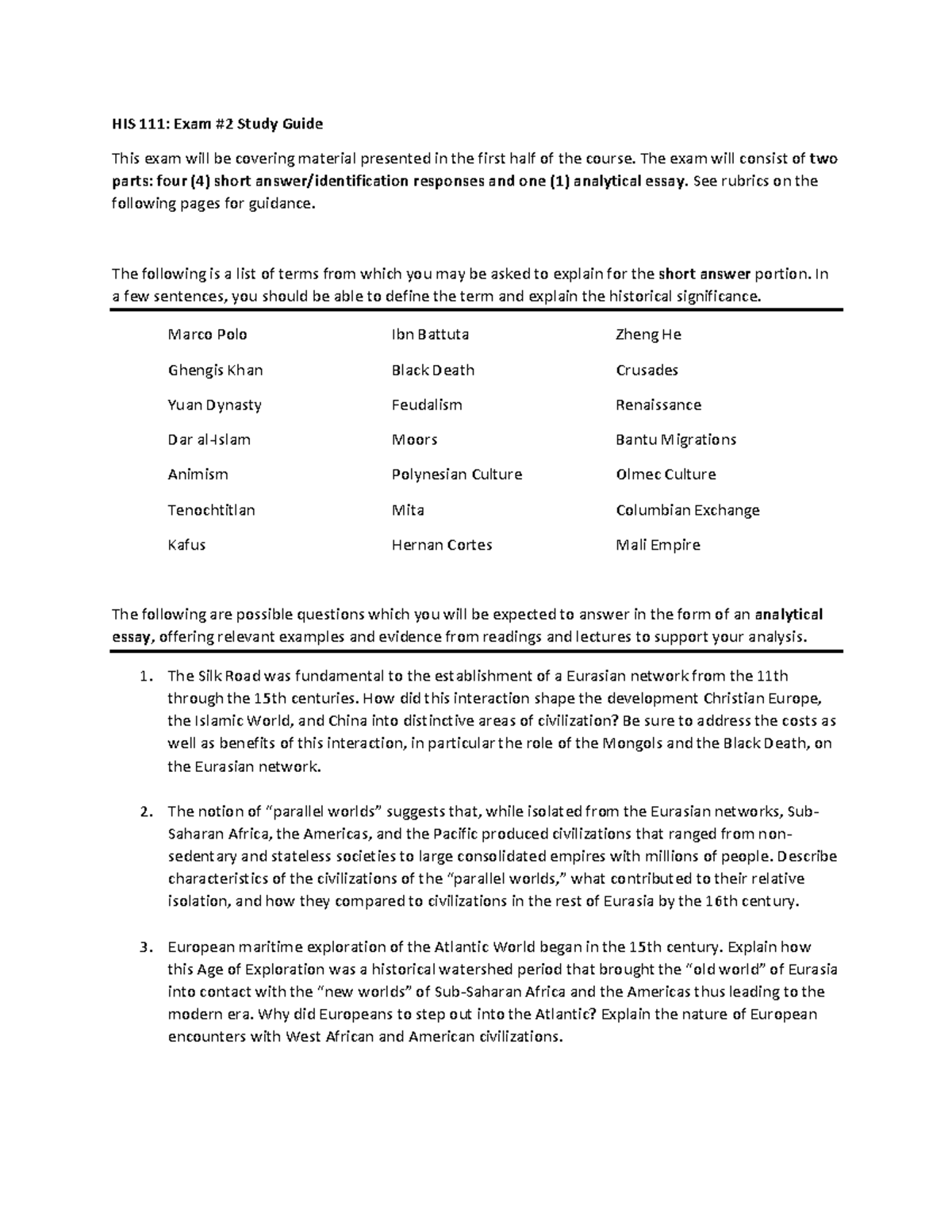 HIS 111: Exam #2 Study Guide on Eurasian Networks & Civilizations - Studocu