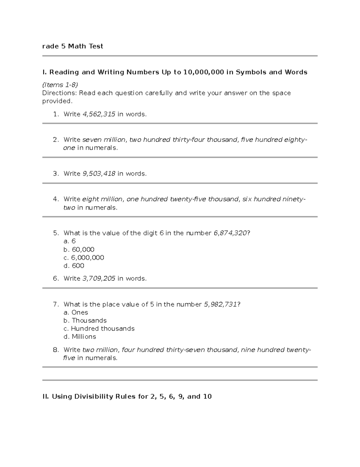 Grade 5 Final Math Summative Test: Numbers, Factors, and PMDAS - Studocu
