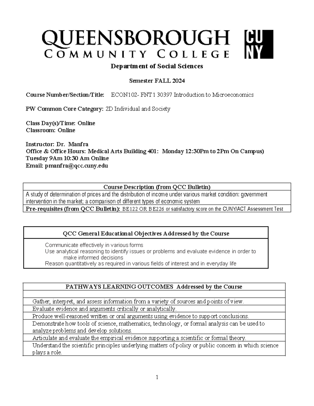 Syllabus for ECON 102 FNT1: Intro to Microeconomics - Fall 2024 - Studocu