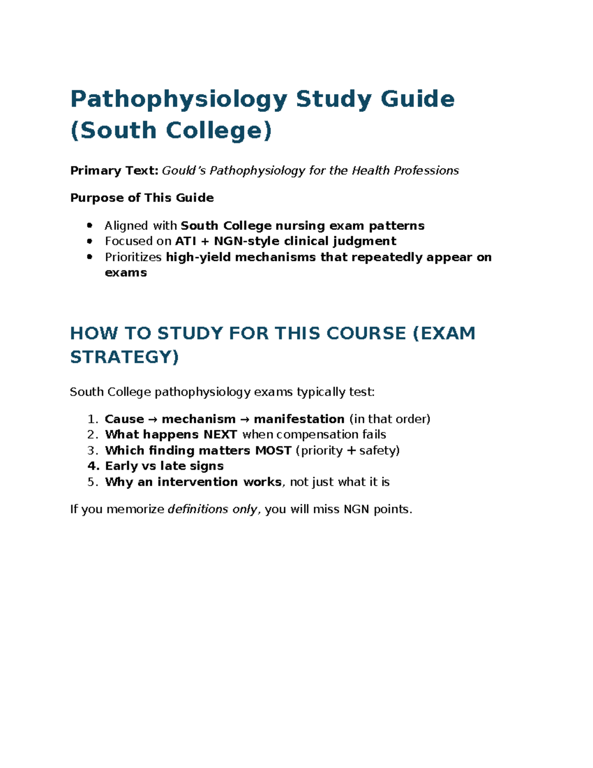 Pathophysiology Study Guide for ASN Final Exam at South College - Studocu