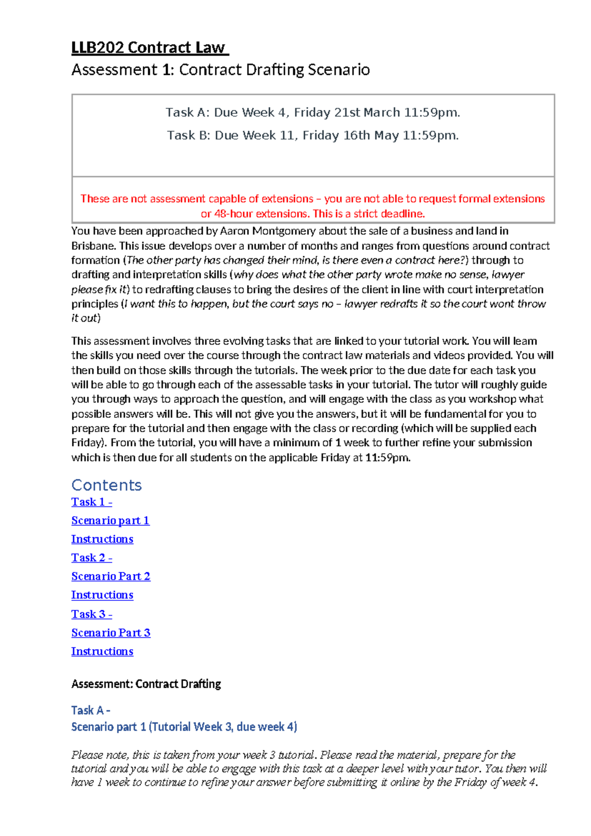LLB202 Contract Law Task A: Contract Drafting Scenario Analysis - Studocu