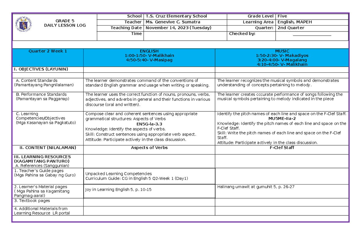 DLL Q2 - Week 1 English & MAPEH Lesson Log for Grade 5 - Studocu