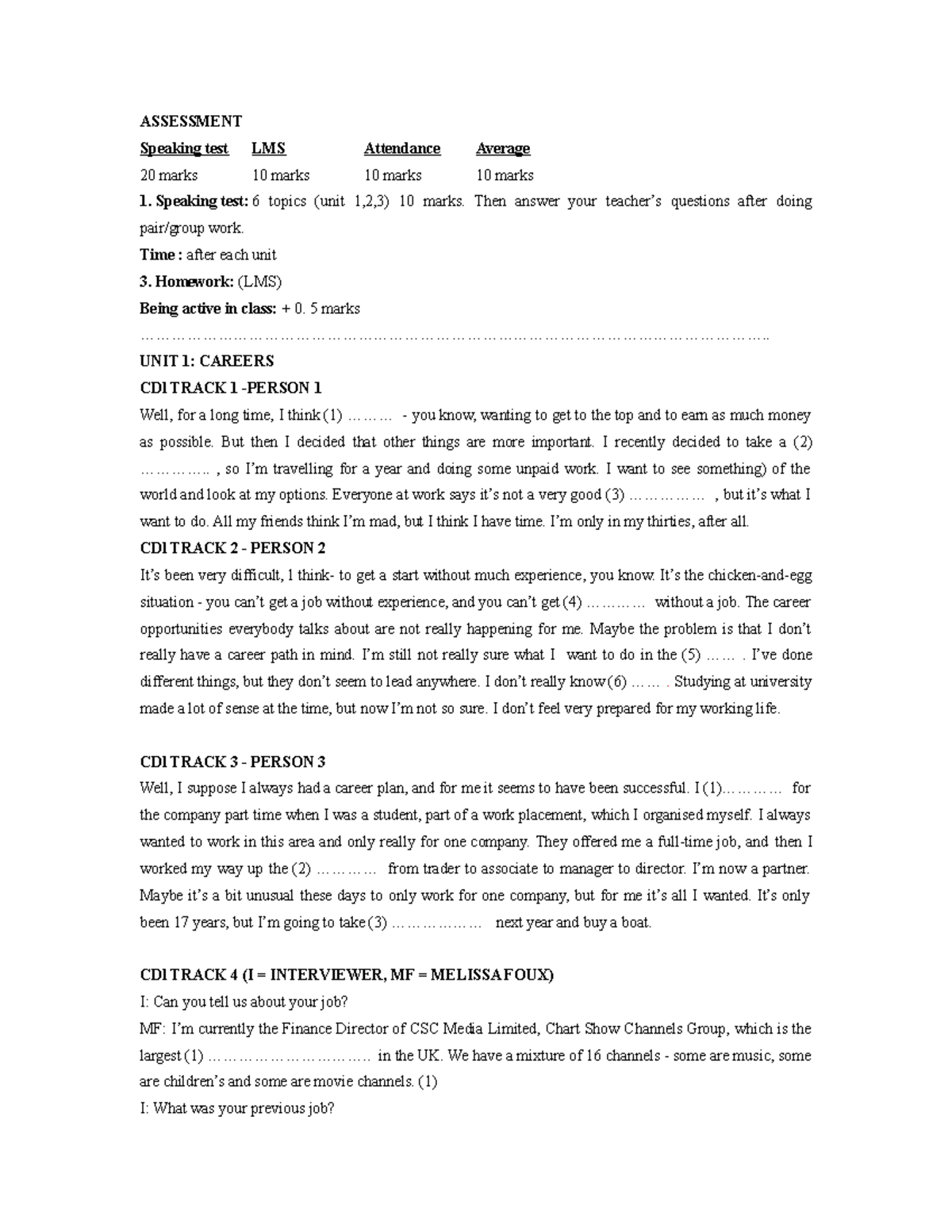 Unit 1 Careers Listening Comprehension and Speaking Test Insights - Studocu