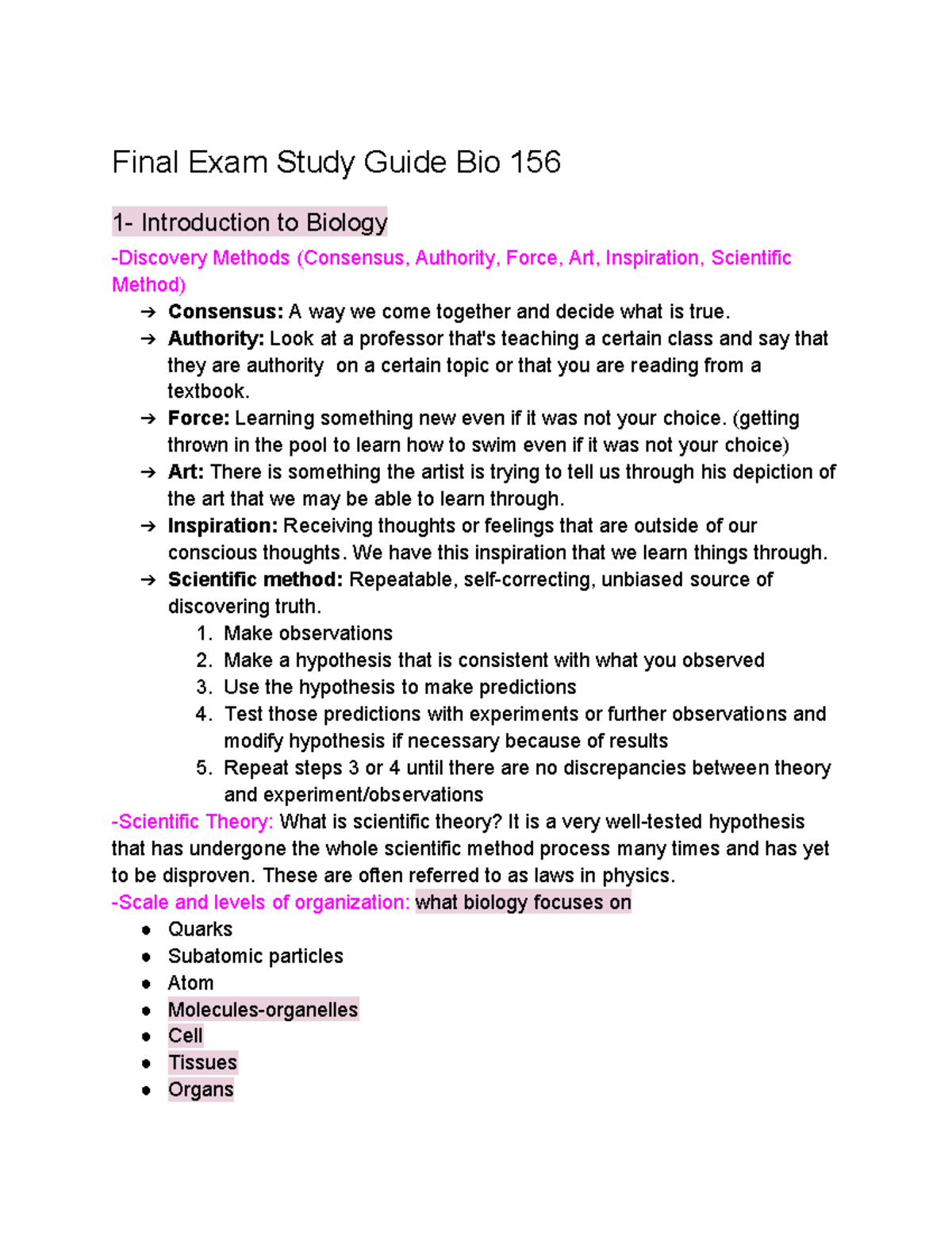 Final Exam Study Guide: Key Concepts in Bio 156 Overview - Studocu