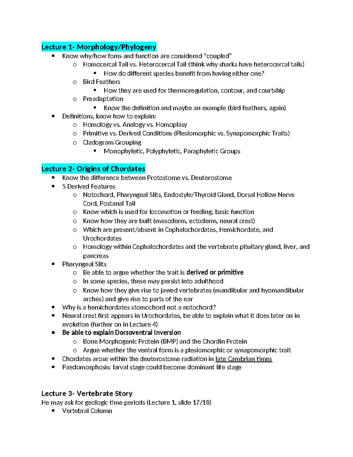 Study Guide 1: Lectures on Morphology, Phylogeny, and Chordate ...