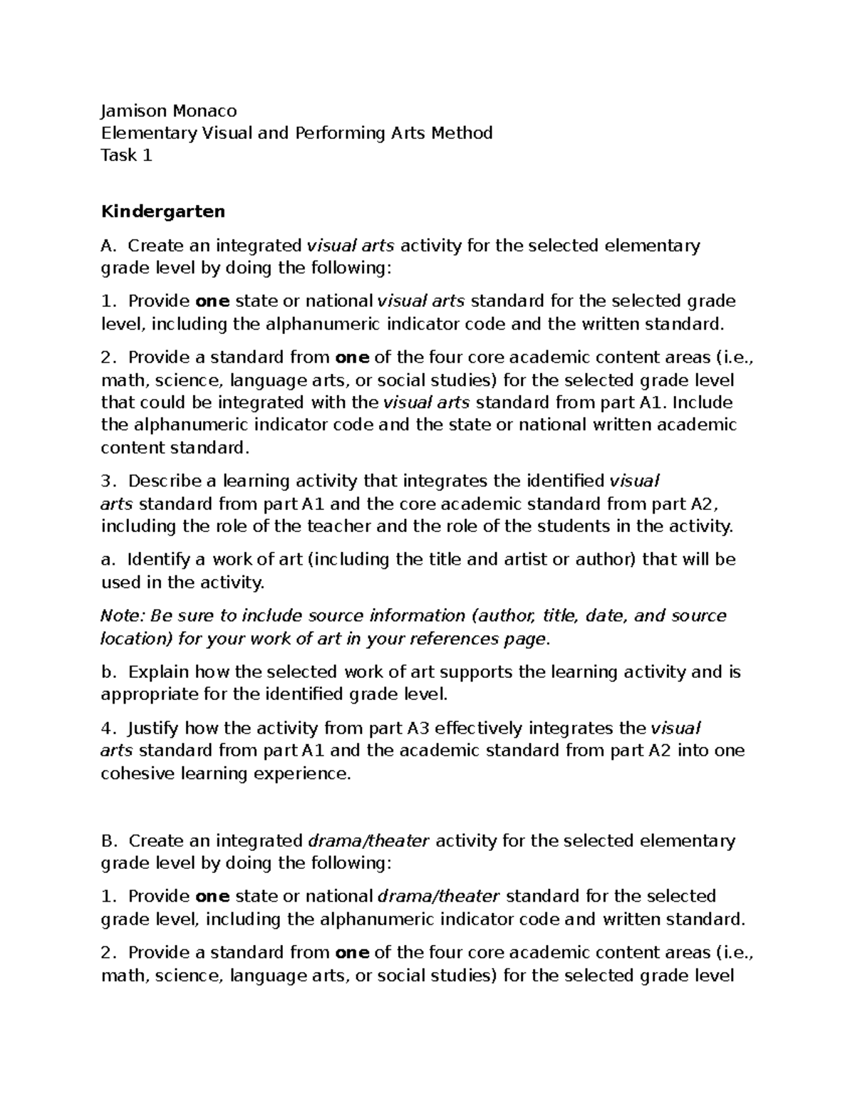 EVA 101: Integrated Arts Activities for Kindergarten - Task 1 - Studocu