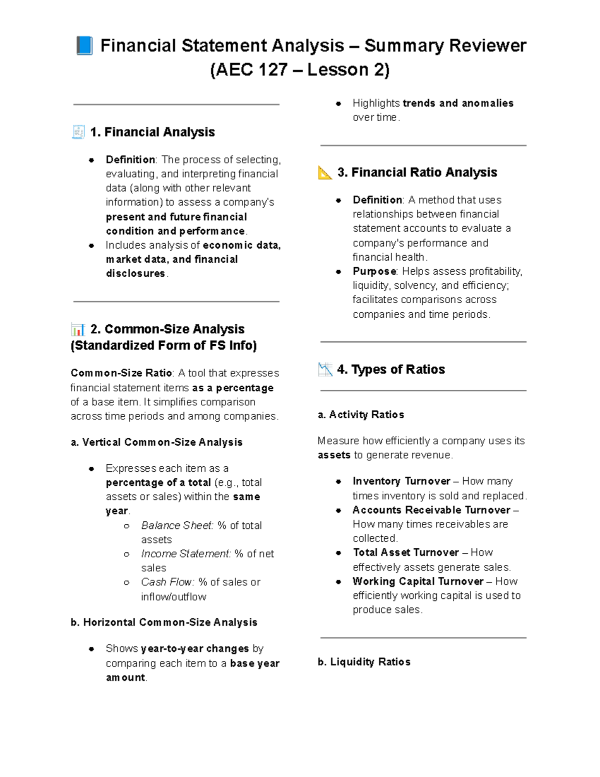 Financial Statement Analysis Summary (AEC 127 Lesson 2) - Studocu