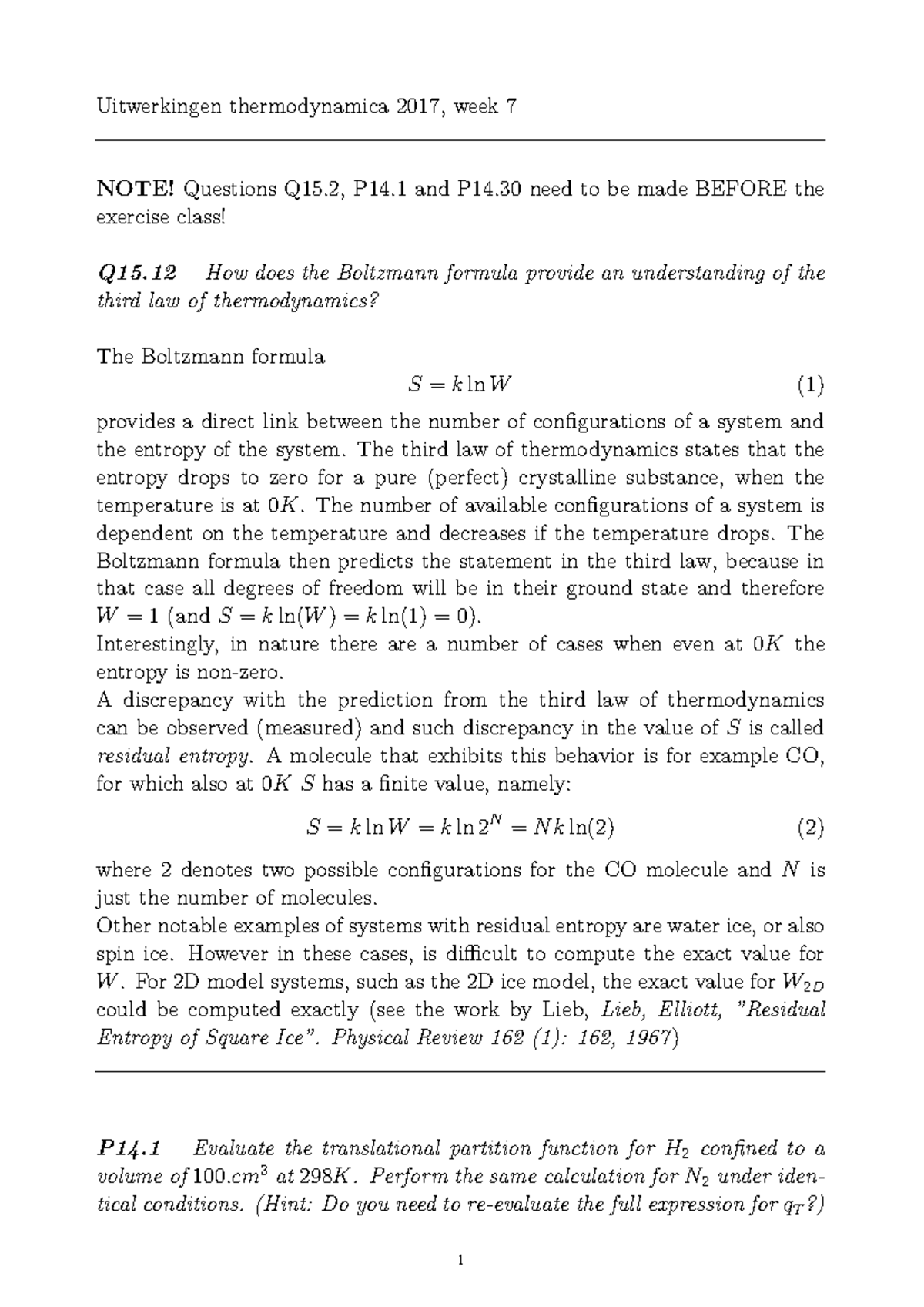 Thermodynamics Exercises & Solutions - Week 7 (2017) - Studeersnel