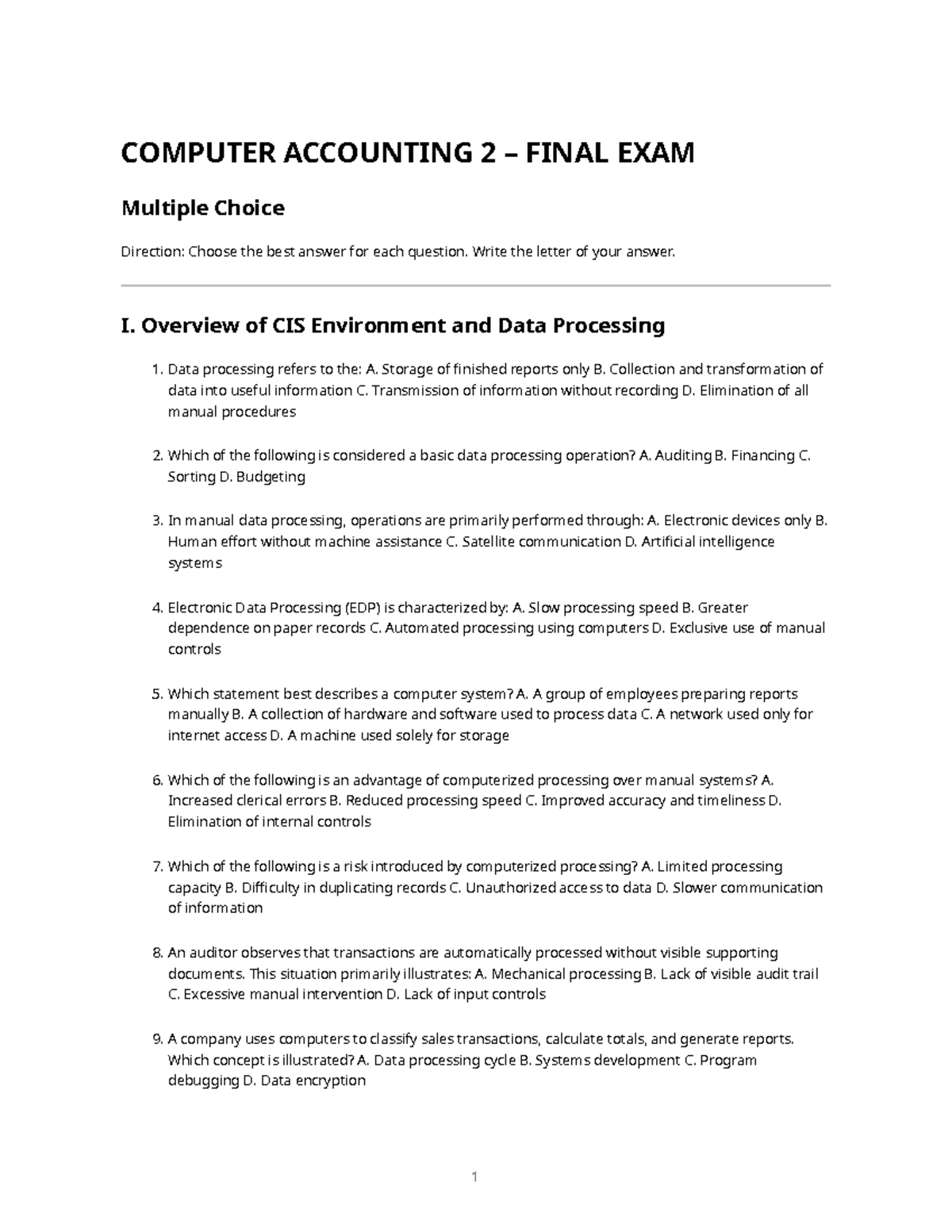 COMPUTER ACCOUNTING 2 FINAL EXAM Review Questions and Answers - Studocu