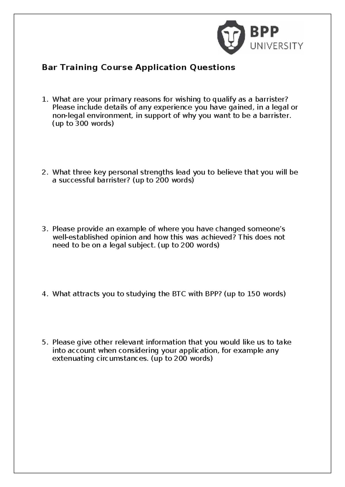 BPP Bar Training Course Application Questions & Guidance - Studocu