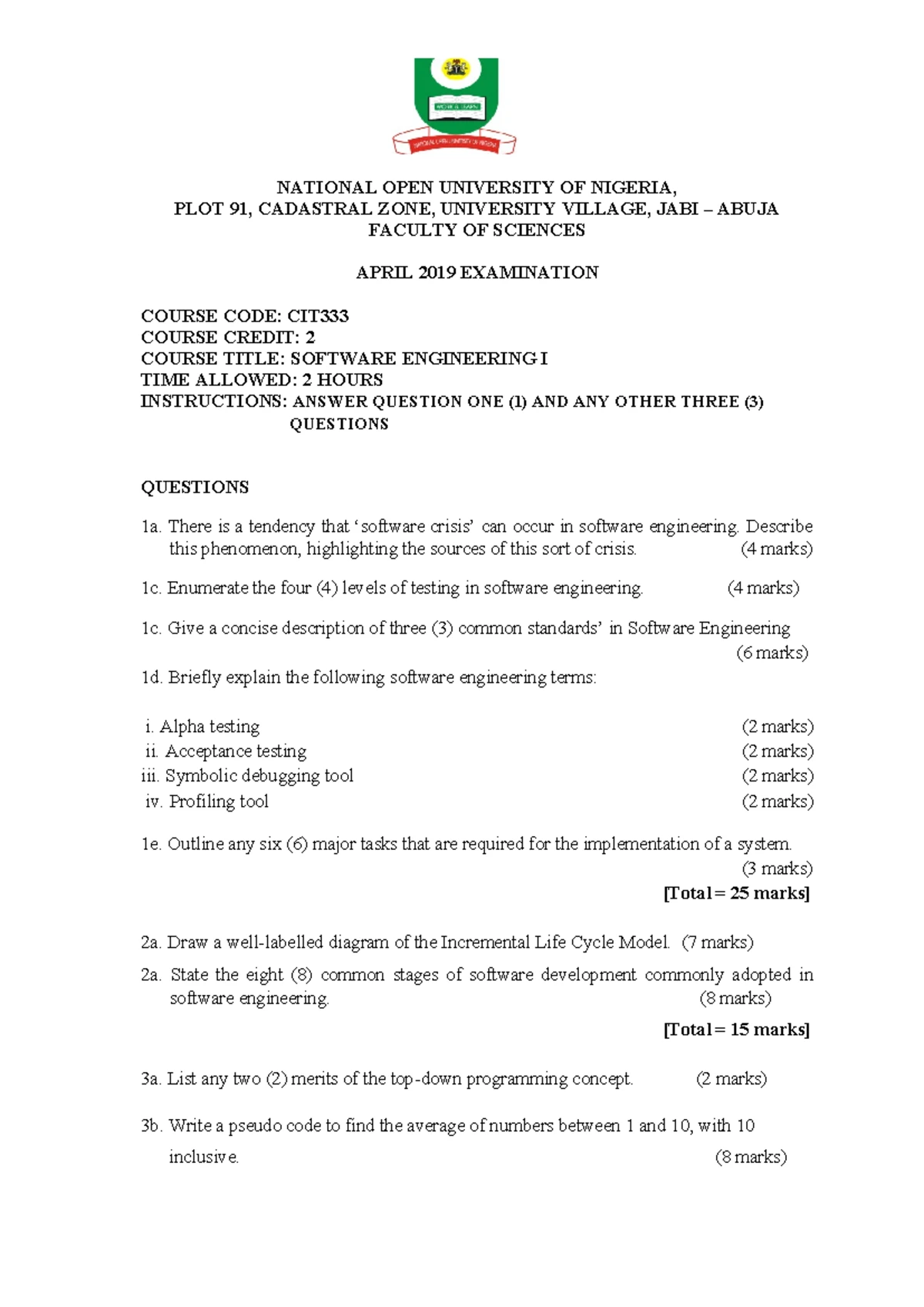 CIT333 2014 1 - Software Engineering I Exam Questions - Studocu