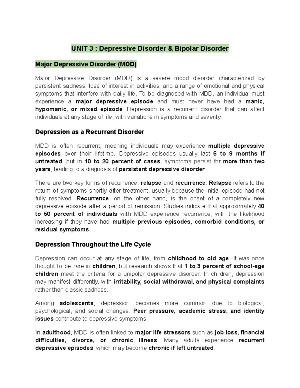 Understanding Mental Disorders Unit - 3: Bipolar & Major Depression ...