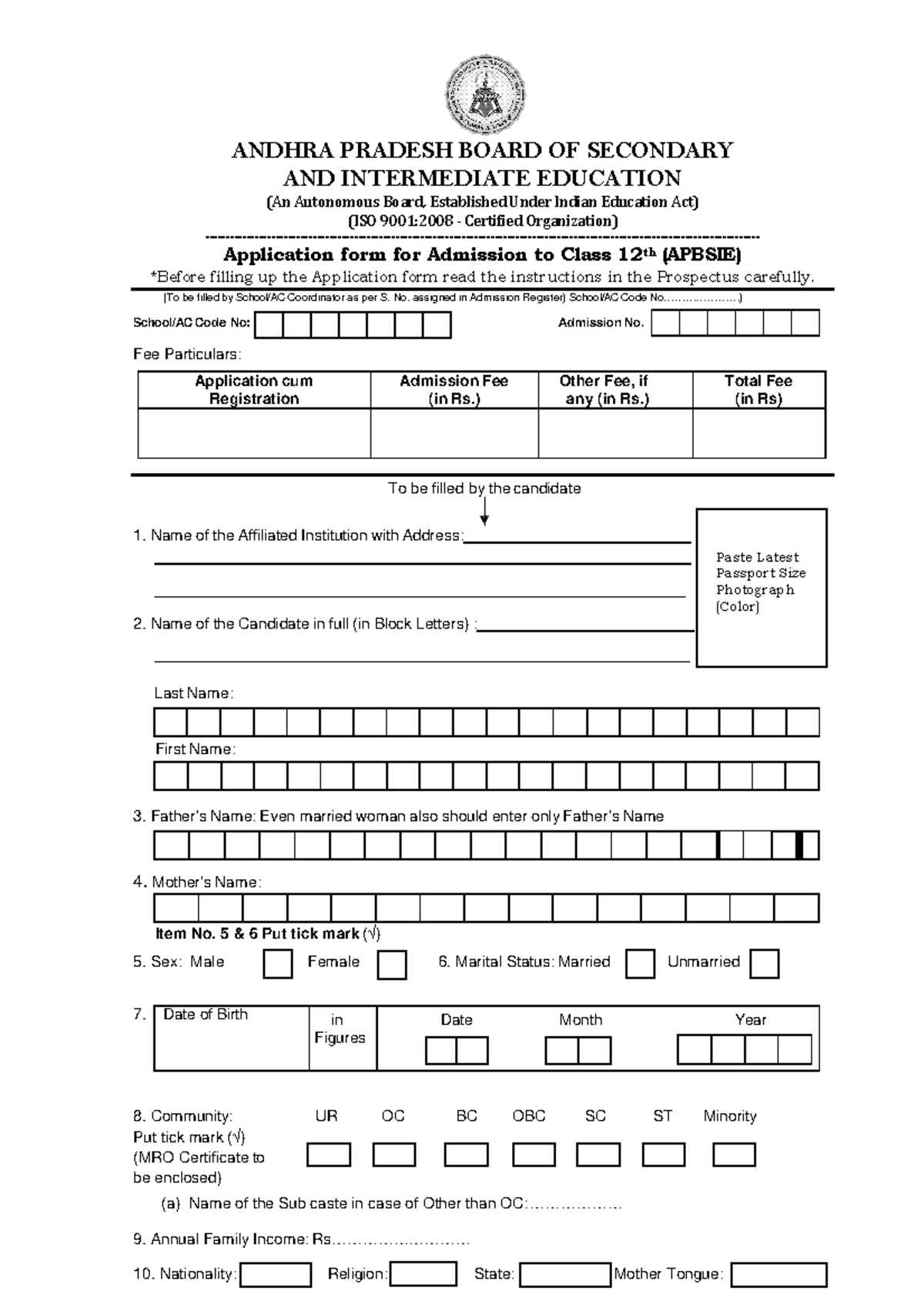 Apbsie 12th Application Form - ANDHRA PRADESH BOARD OF SECONDARY AND ...