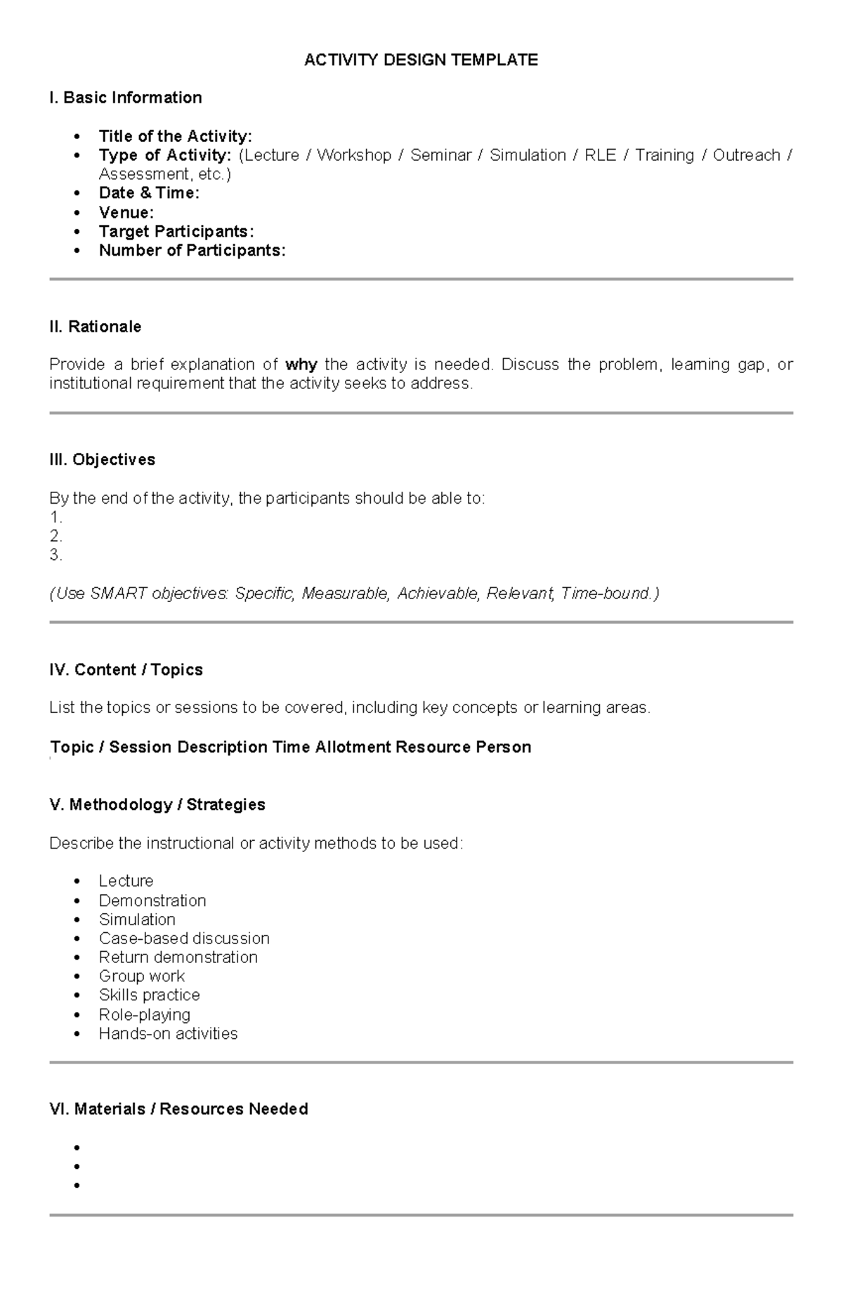 Activity Design Template for Workshops and Seminars - Studocu