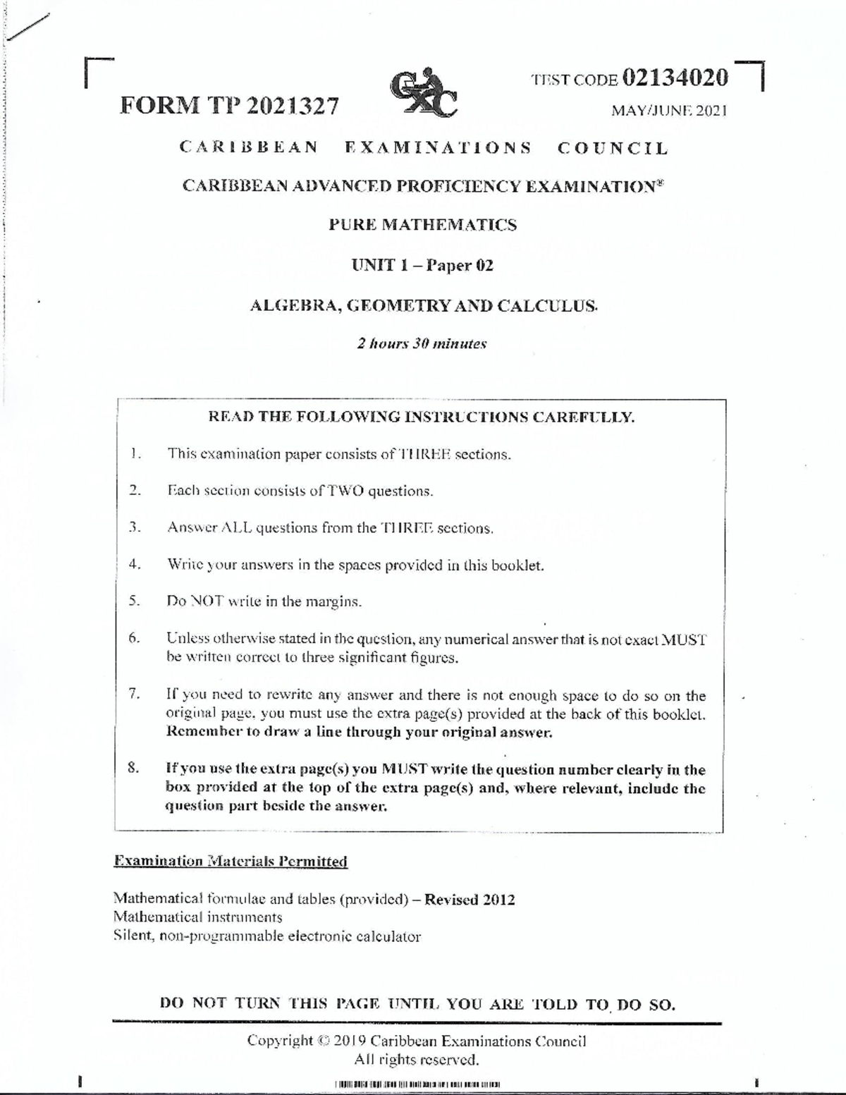 2021 CAPE PURE MATHEMATICS UNIT 1 Paper 02: Algebra, Geometry ...
