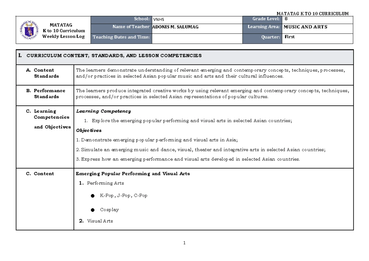 DLL Matatag K to 10 PE & Health 8 Weekly Lesson Log Q1 W1 - Studocu