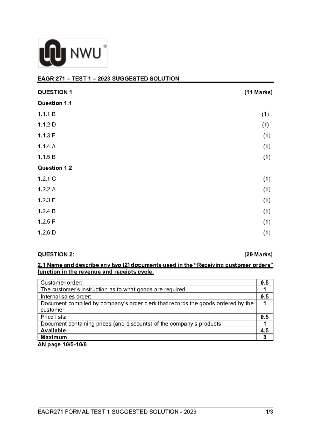 EAGR271 Formal Test 1 Suggested Solutions - March 2023 - Studocu