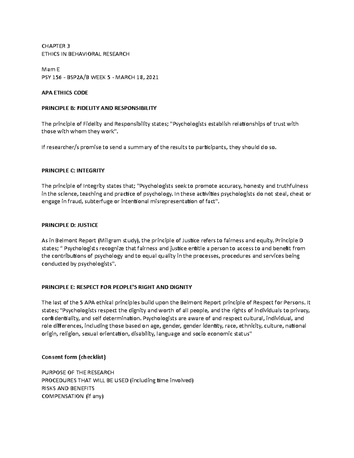 PSY 156 Ethics in Behavioral Research - Chapter 3 Overview - Studocu