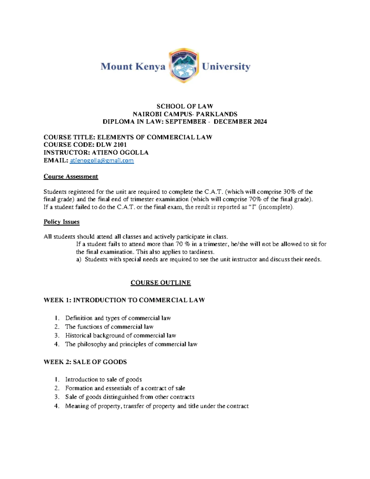 LAW OF SUCCESSION DLW 1312 COURSE OUTLINE SEPTEMBER-DECEMBER 2024 - Studocu