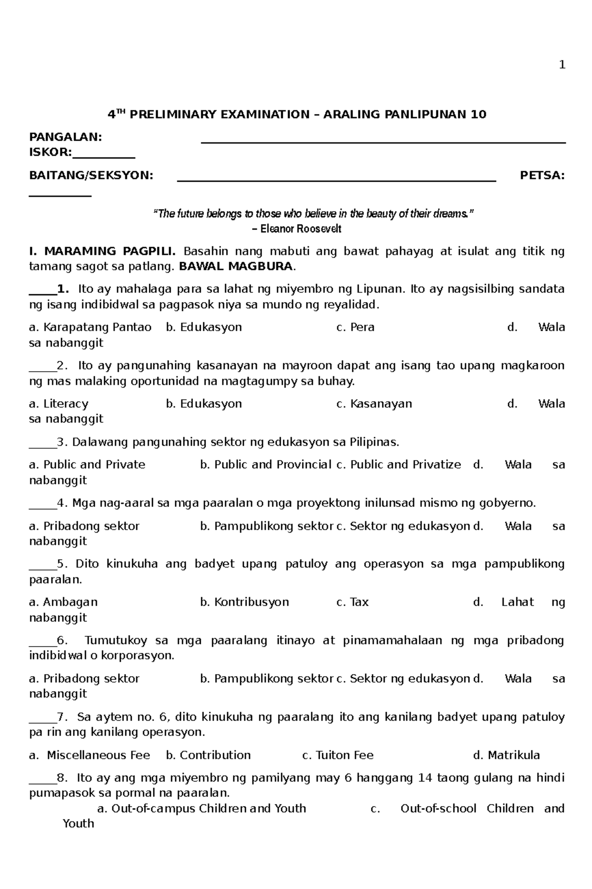 4P AP10 - Sample Test Questions for Prelim Examination in Araling ...