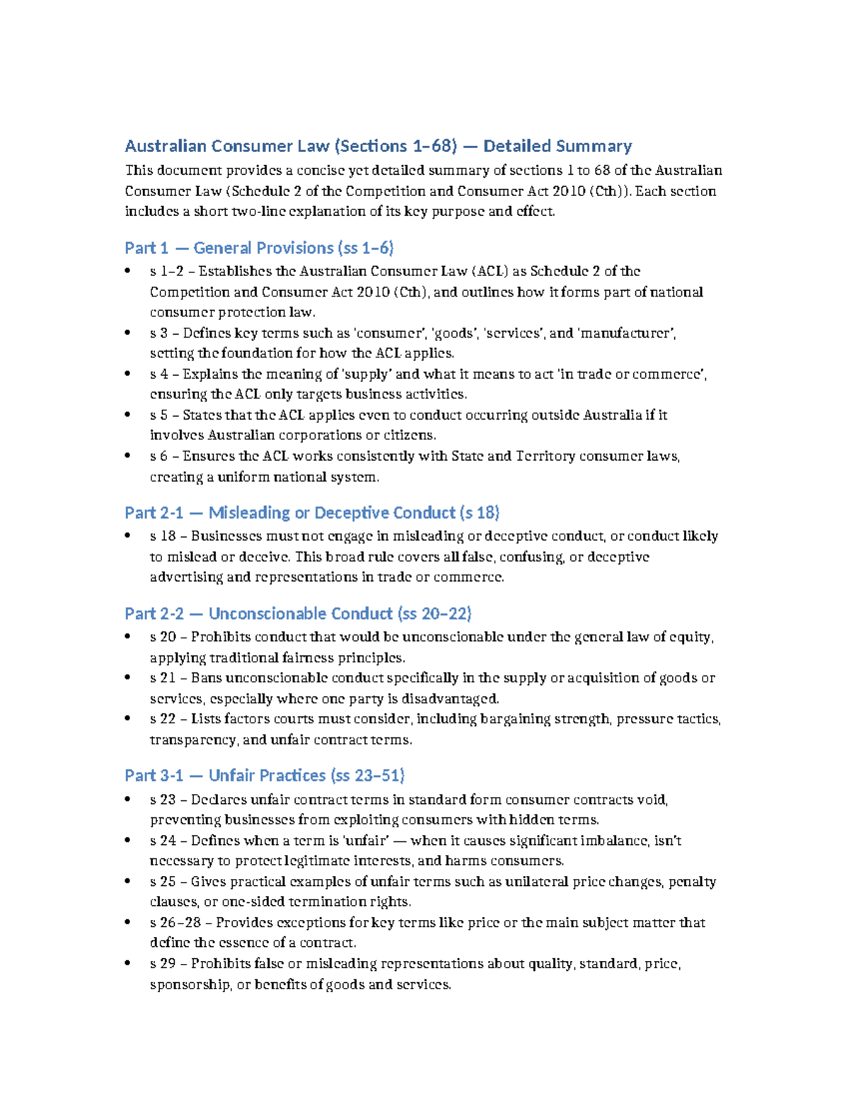ACL Sections 1-68: Comprehensive Summary of Australian Consumer Law ...