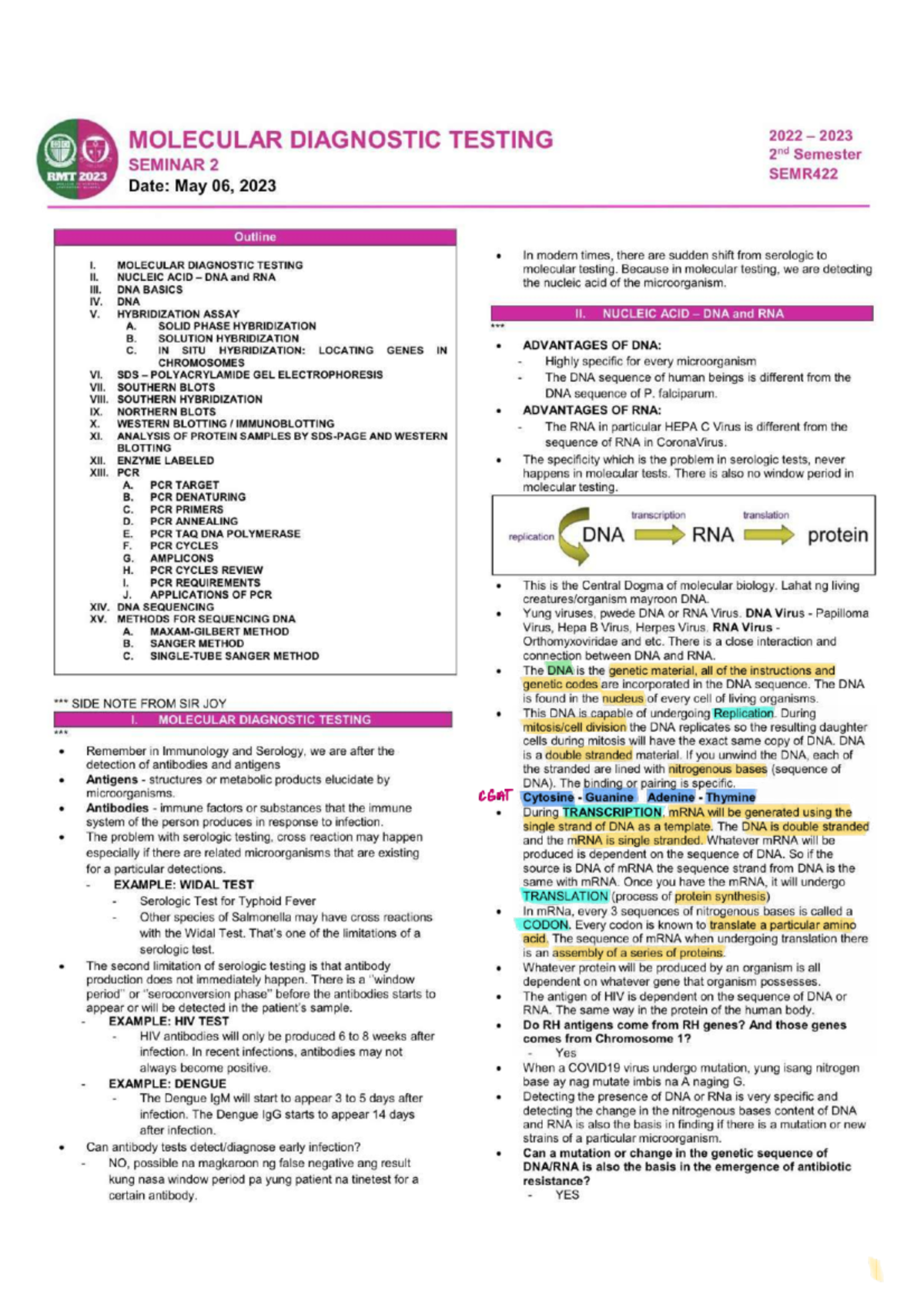 Molecular Diagnostic Testing Seminar 2 (SEMR422) Notes 2022-2023 - Studocu