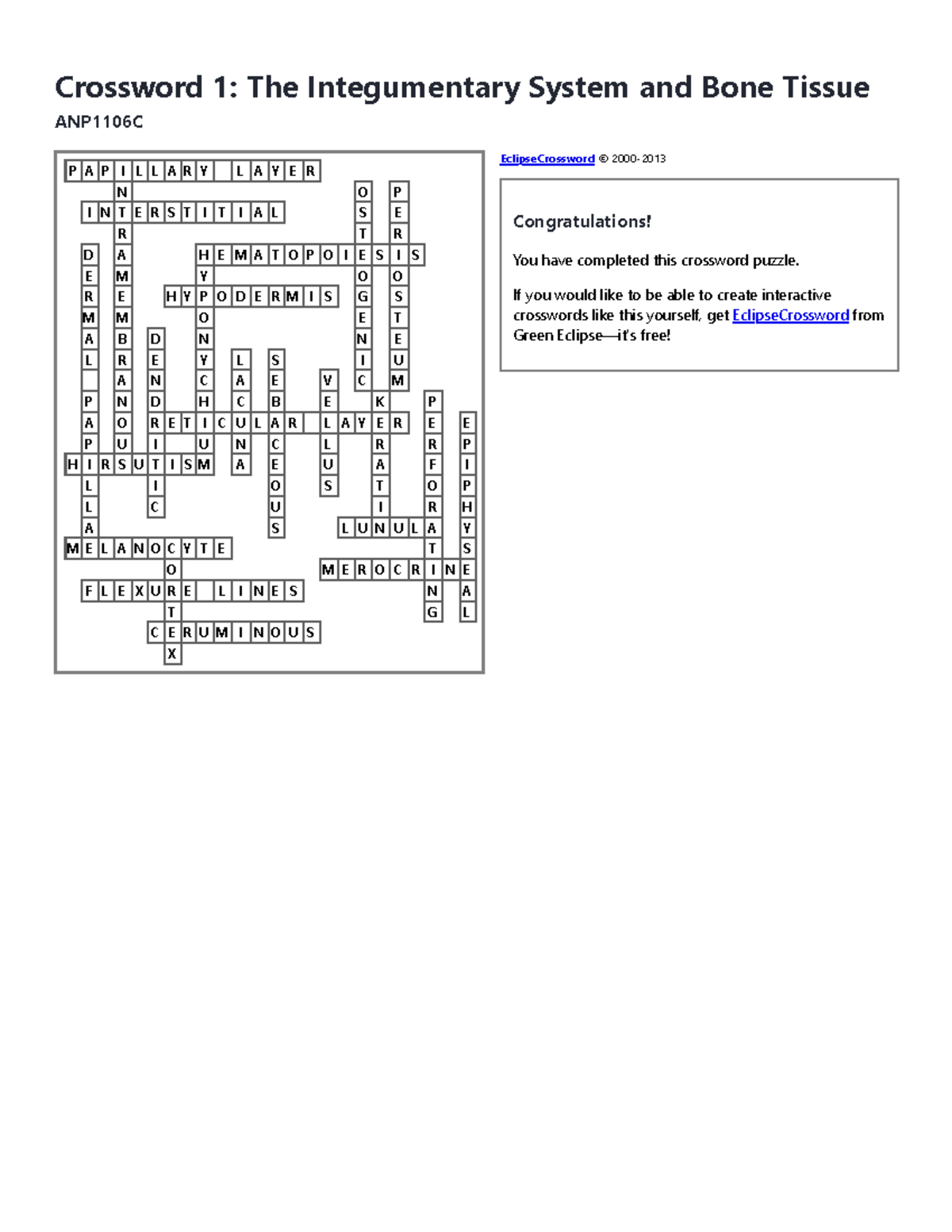 Crossword 1 the integumentary system and bone tissue - if you would like to  be able to create - studocu