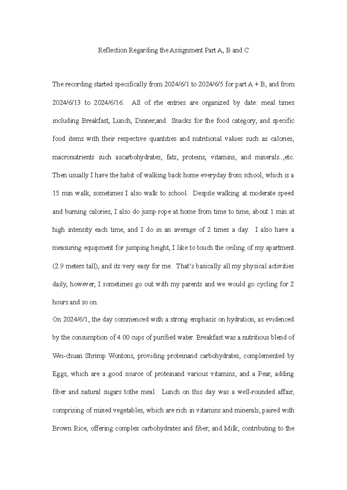 Reflection Assignment Parts A, B, and C: Dietary Analysis and Insights ...