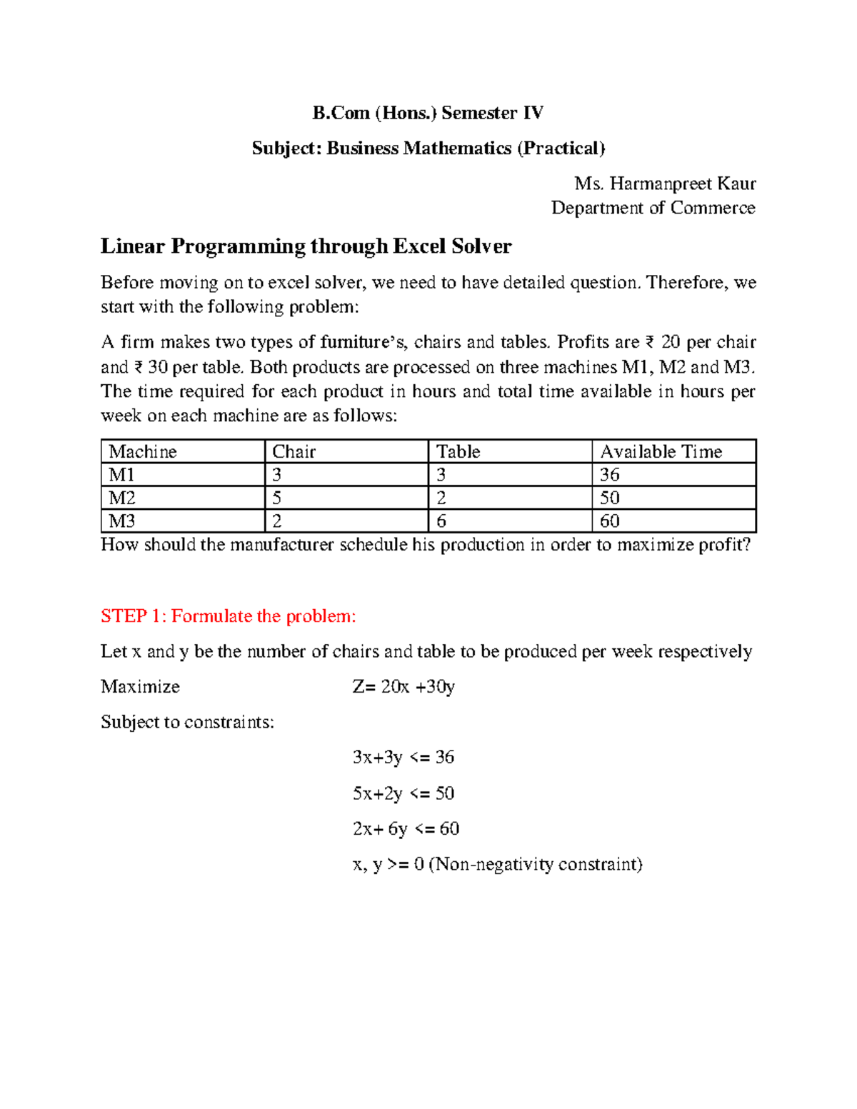 B.Com (Hons.) Sem IV: Business Math Practical - Linear Programming with ...