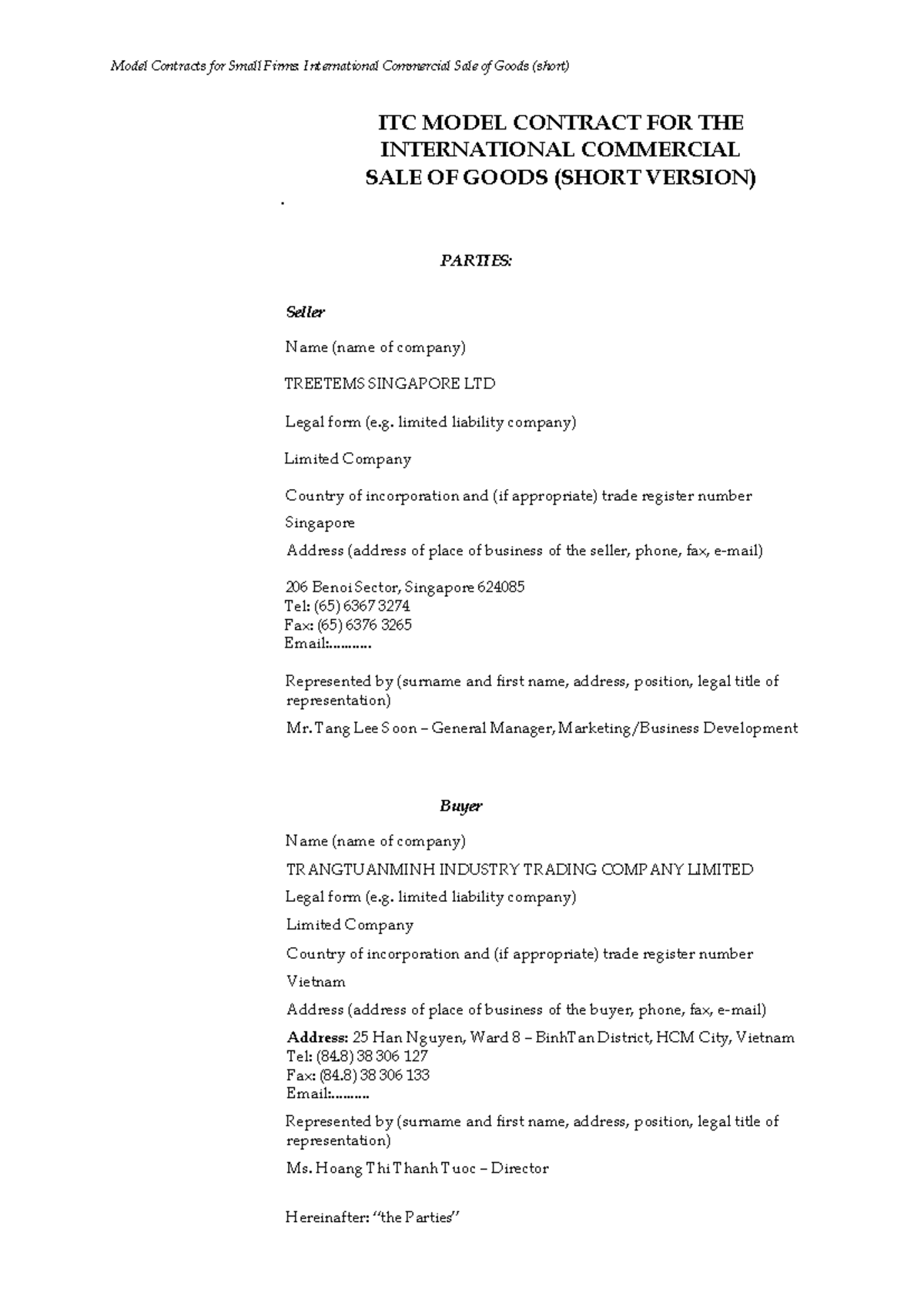 ITC Model Contract for International Commercial Sale of Goods (Short ...