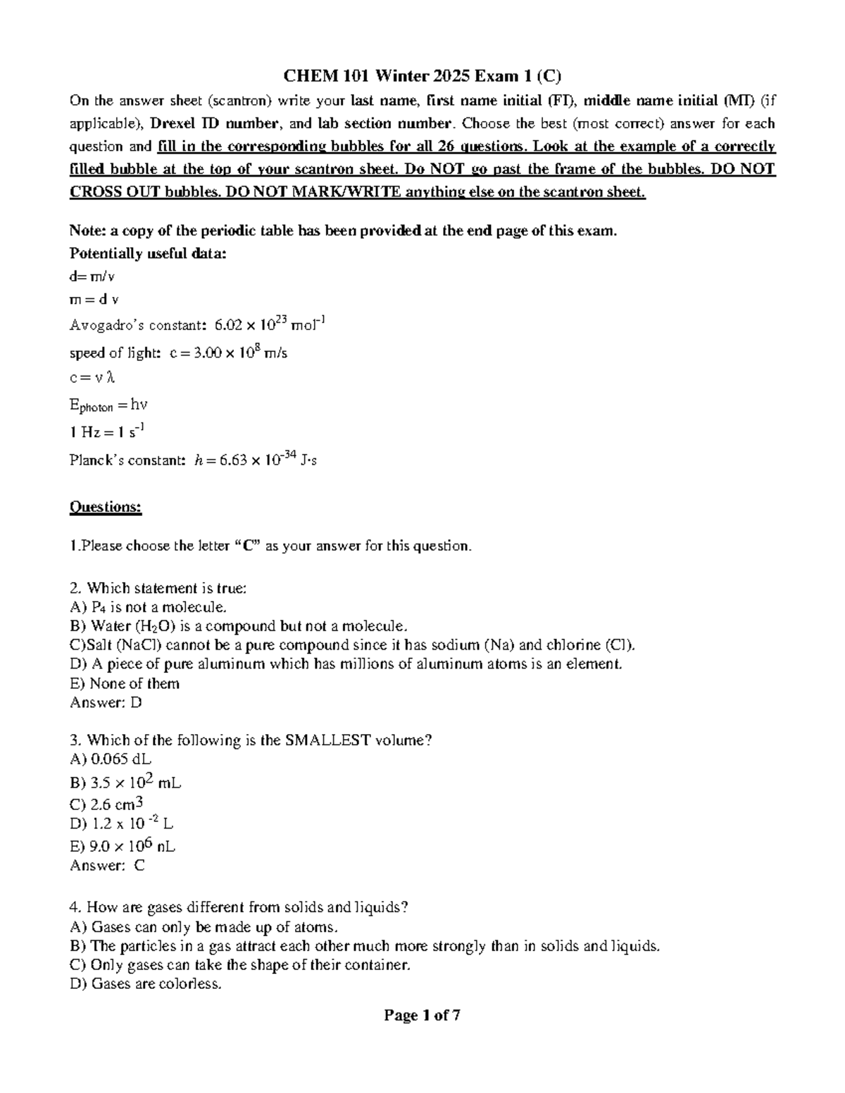 Exam I (C) Answer Key - CHEM 10 1 Winter 202 5 Exam 1 (C) On the answer ...