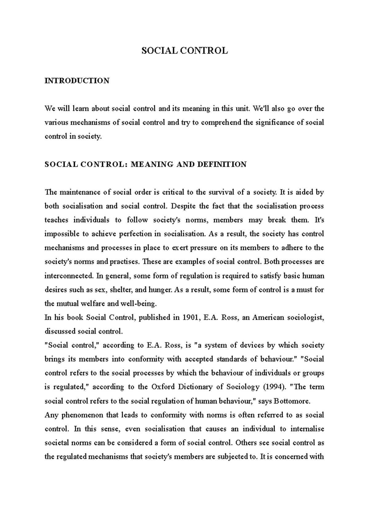 SOC 101 - Lecture Notes on Social Control: Concepts and Mechanisms ...
