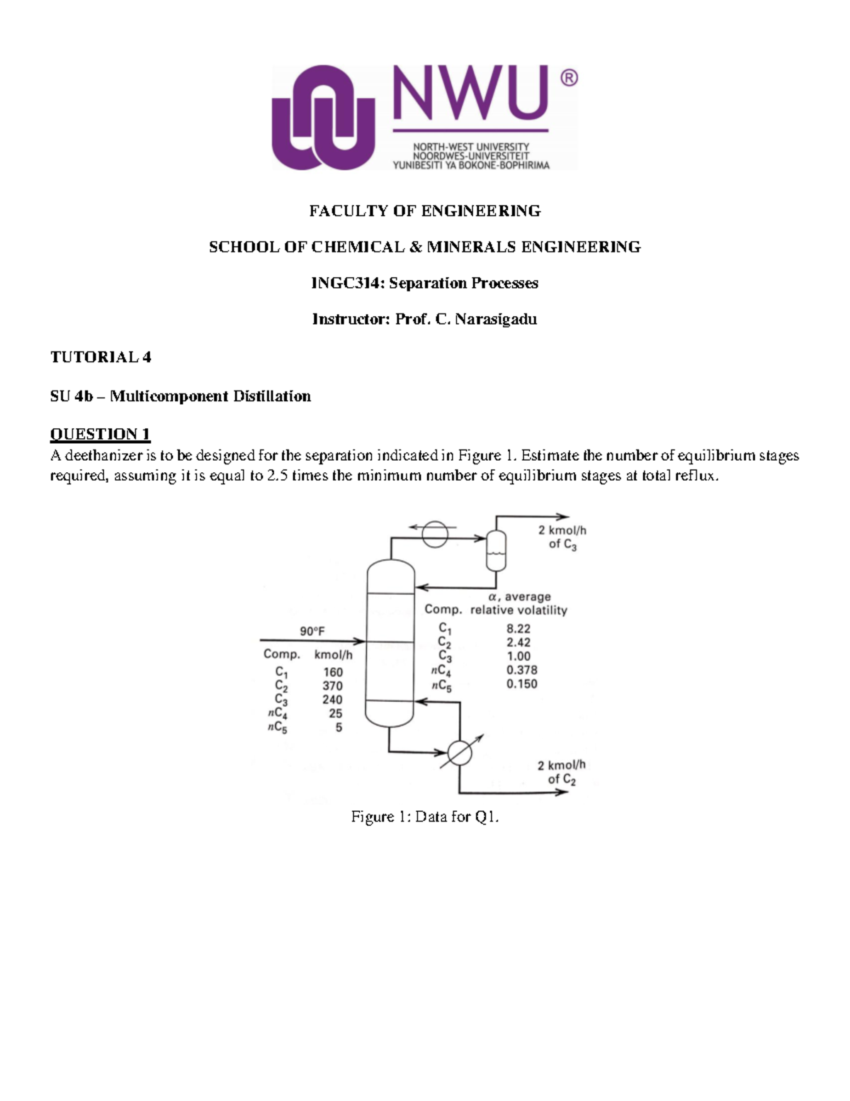 INGC314: Tutorial 4 - SU4b on Multicomponent Distillation Techniques ...