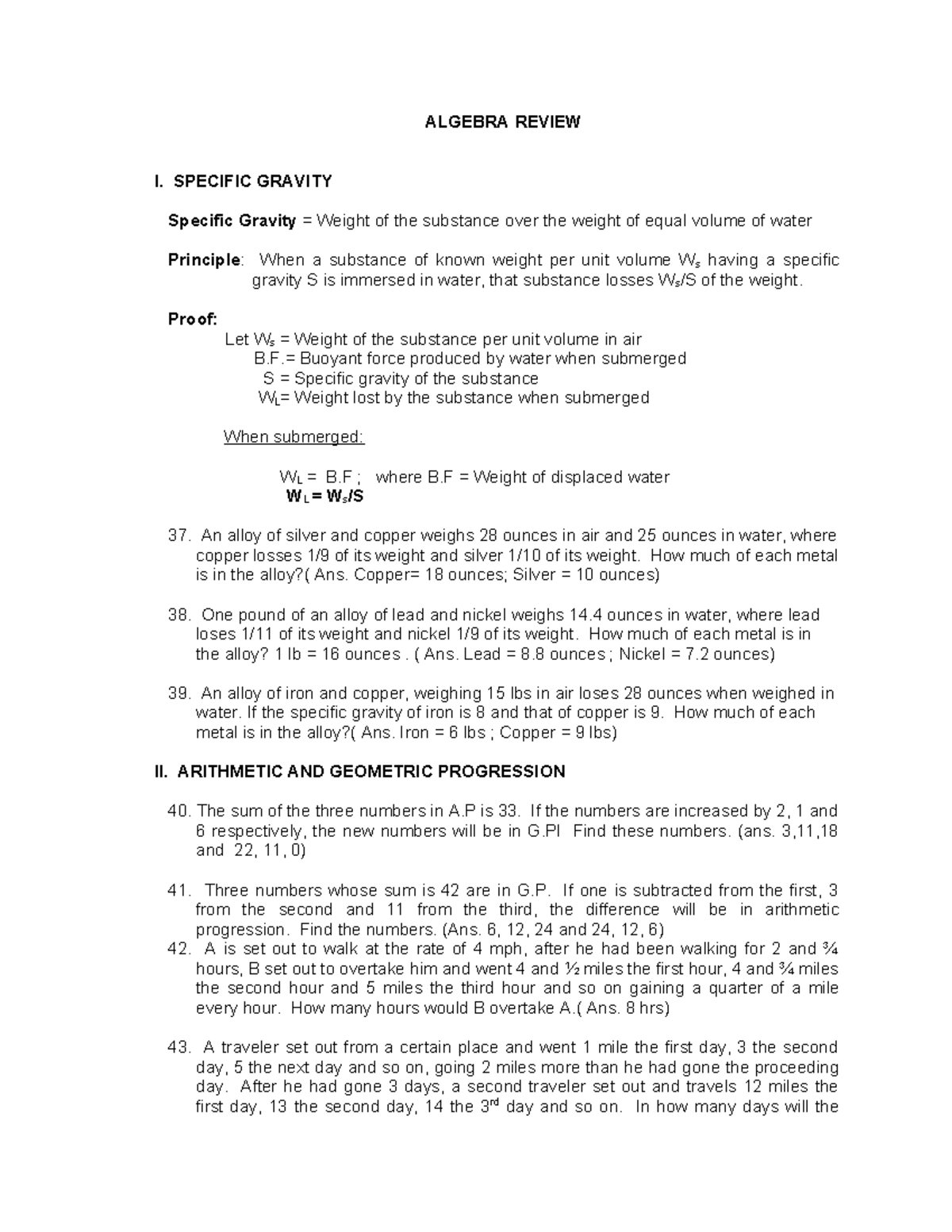 Matth 11 Algebra Specific Gravity and Venn Diagram Review Questions ...