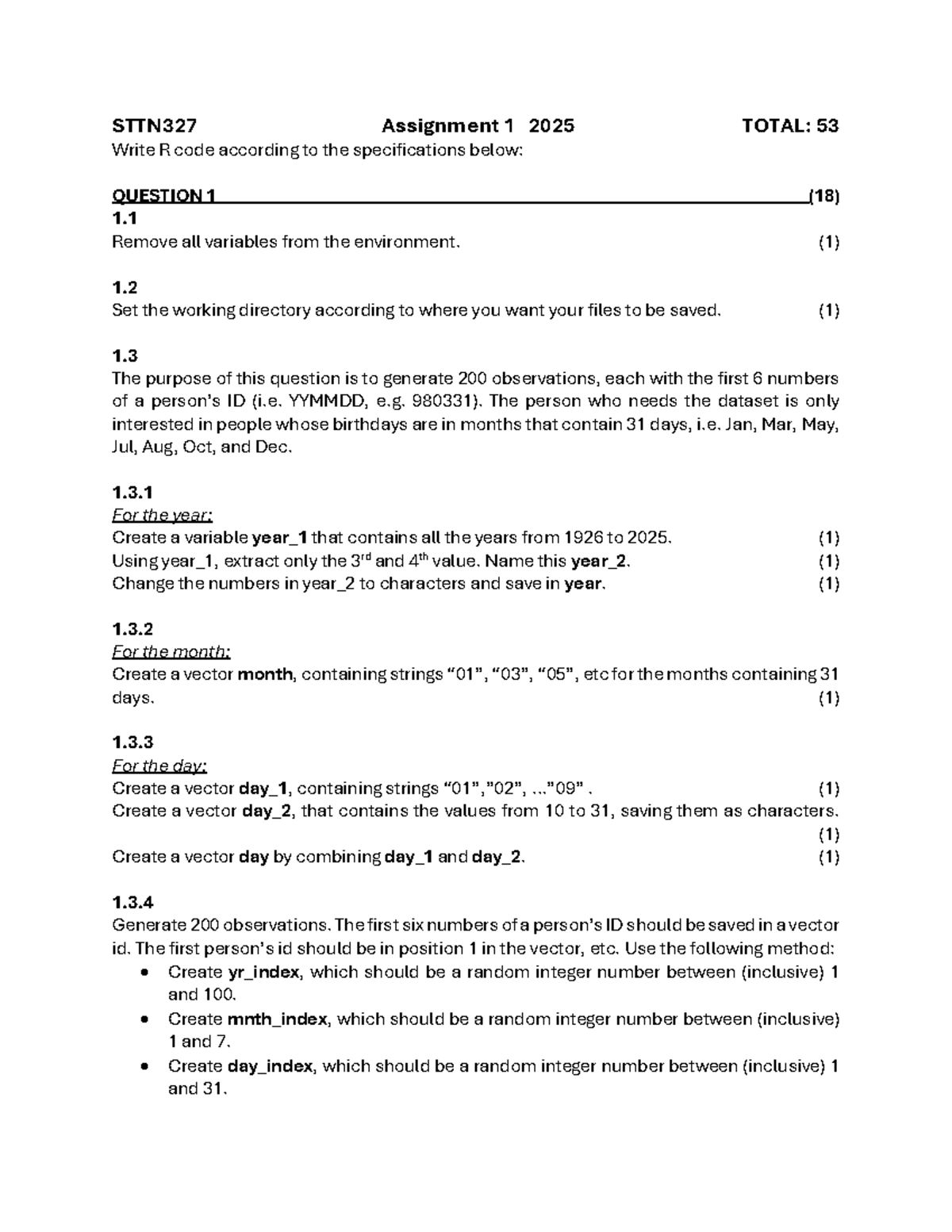 STTN327 Assignment 1: R Code for Data Generation and Analysis - Studocu