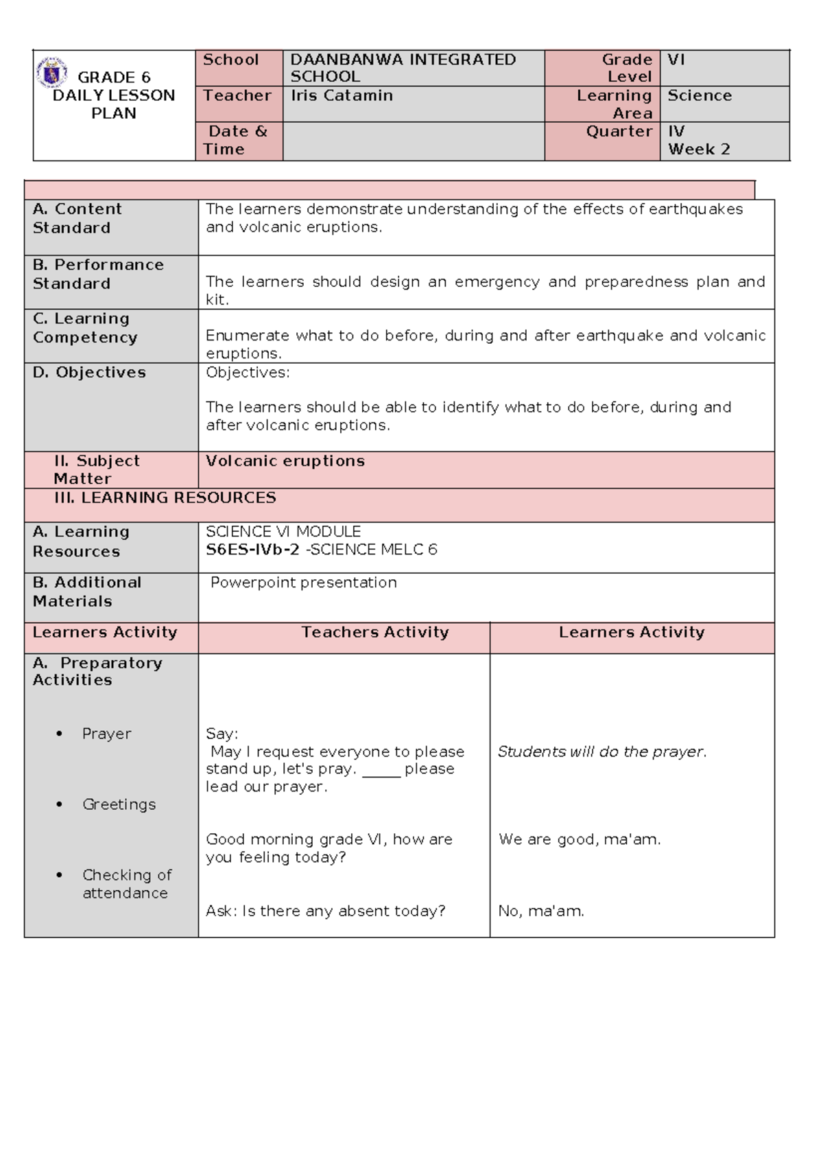 GRADE 6 SCIENCE LESSON PLAN: Volcanic Eruptions & Safety Measures - Studocu