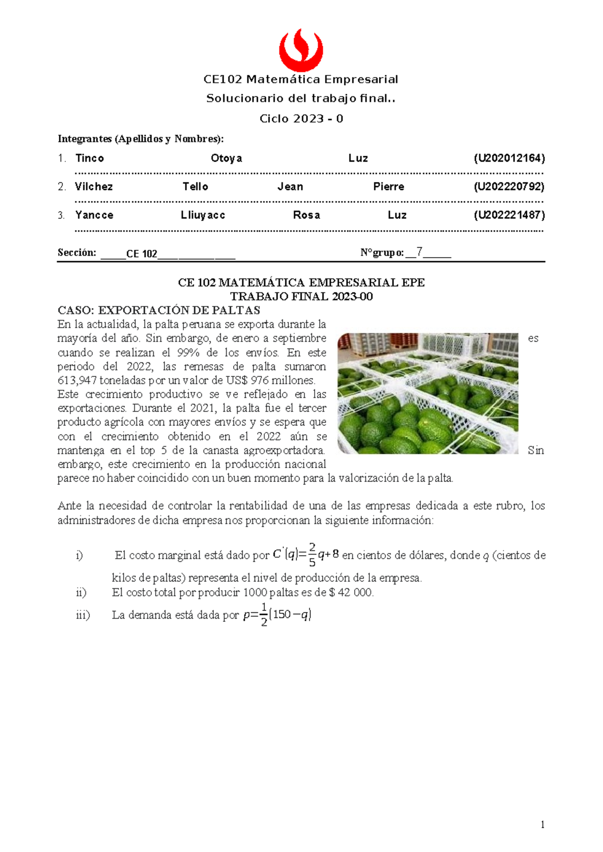 CE102 Trabajo Final Grupo 7 - CE102 Matemática Empresarial Solucionario ...