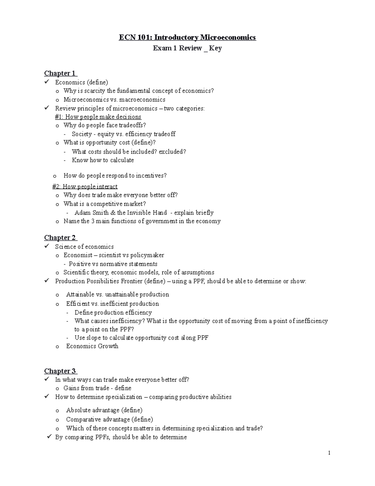 ECN 101 Exam 1 Study Guide: Key Concepts & Principles of Microeconomics ...