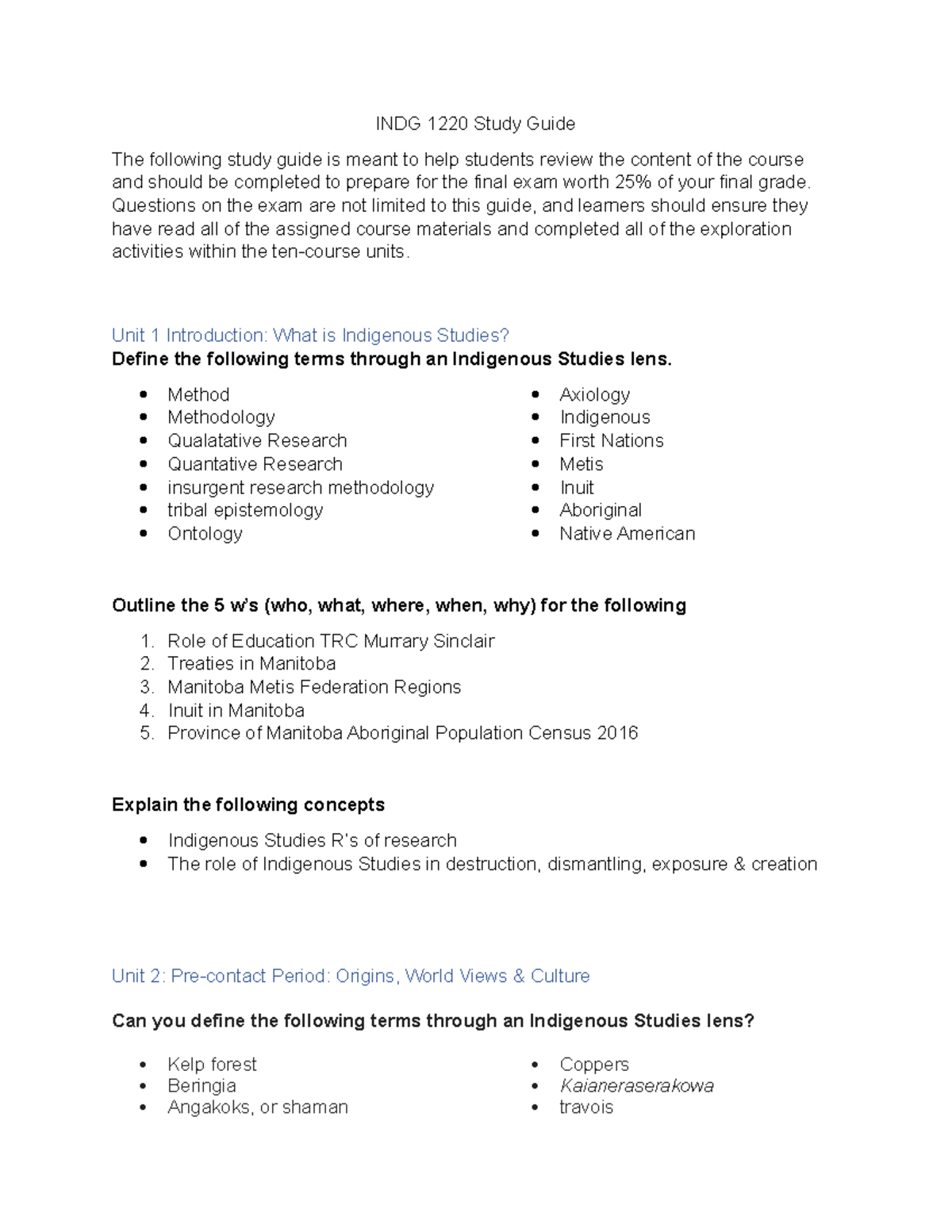 INDG 1220 Final Exam Study Guide: Key Concepts & Topics Review - Studocu