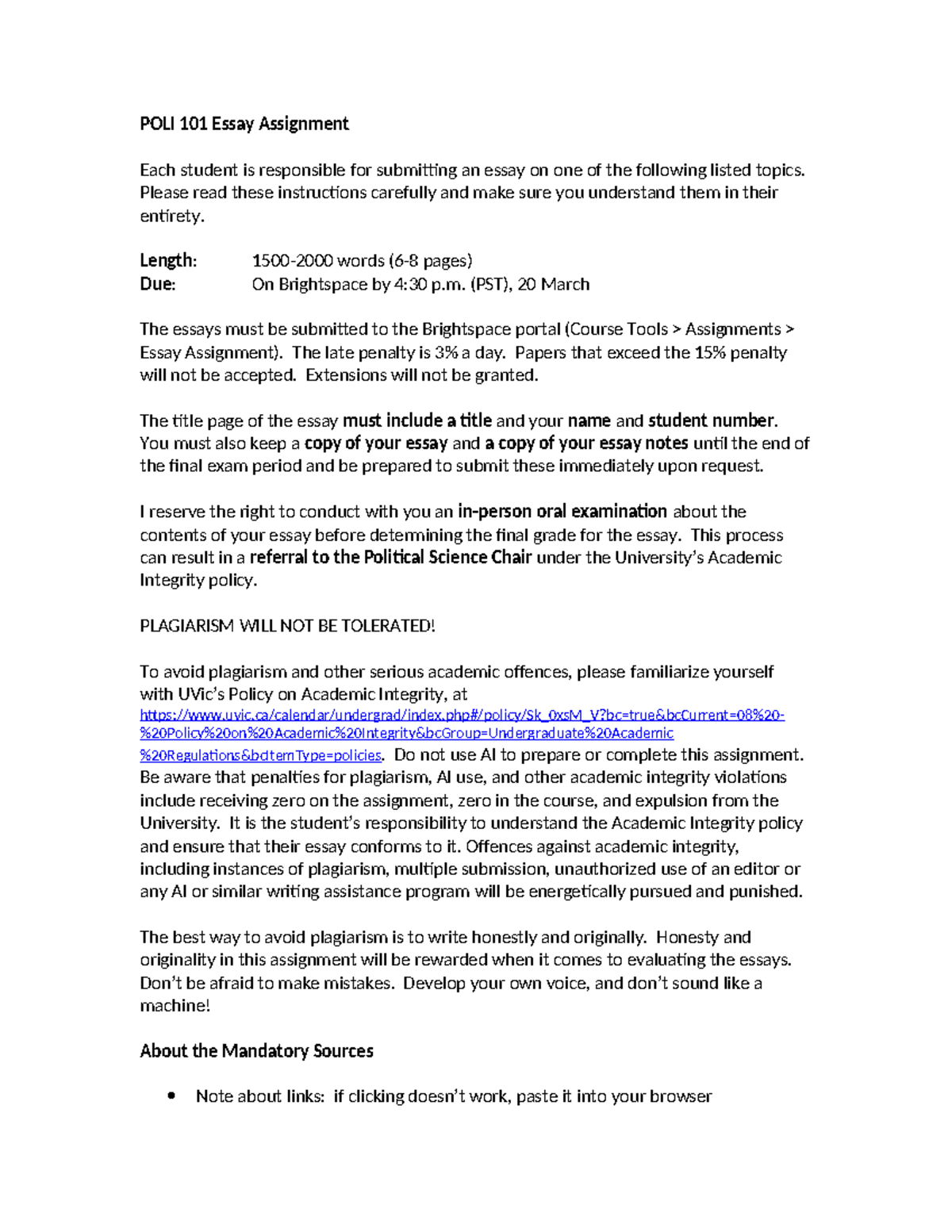 POLI 101 Essay Assignment Guidelines and Mandatory Sources - Studocu