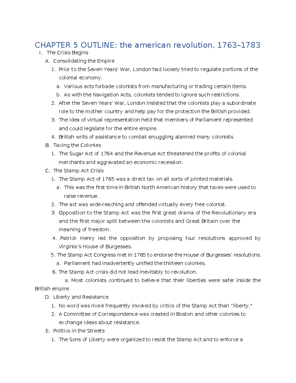 GML7 Chapter 5 Outline - Summary Give Me Liberty!: an American History ...