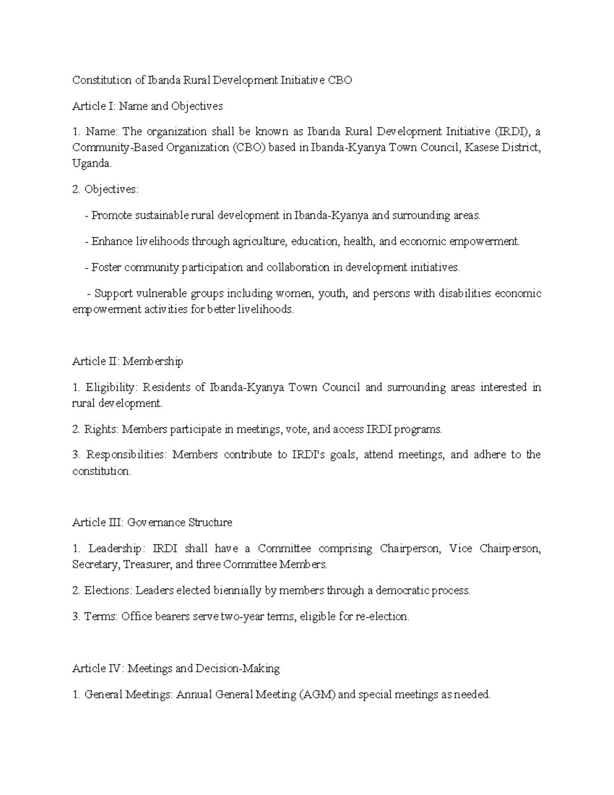 Constitution of Ibanda Rural Development Initiative CBO (IRDI) - Studocu