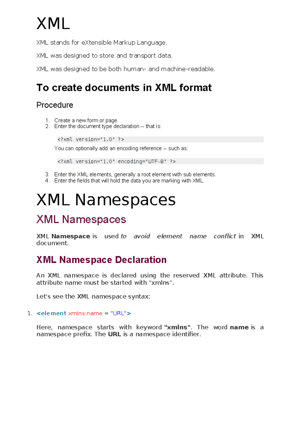 XML1: Comprehensive Guide to XML Structure and Namespaces - Studocu