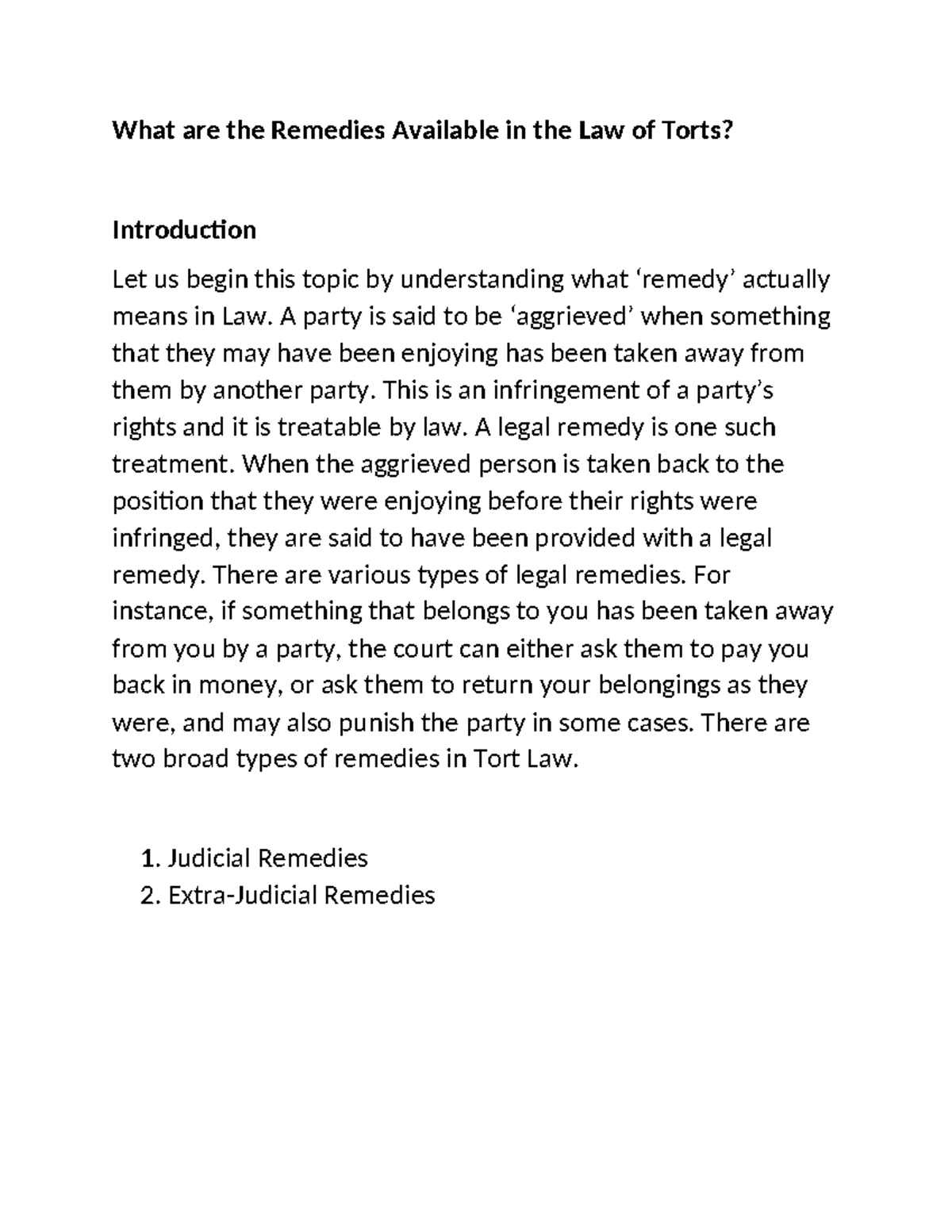 Tort Law Remedies - Lecture Notes & Key Concepts (LAW 101) - Studocu