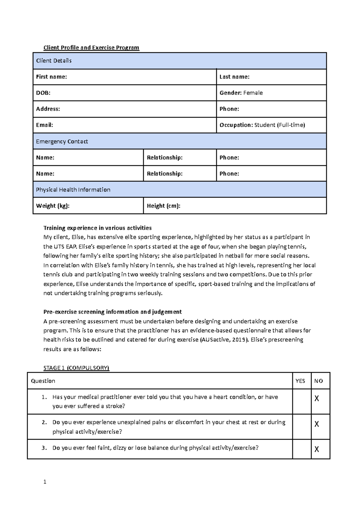 Client Profile and Exercise Program for Elise - Training Plan - Studocu