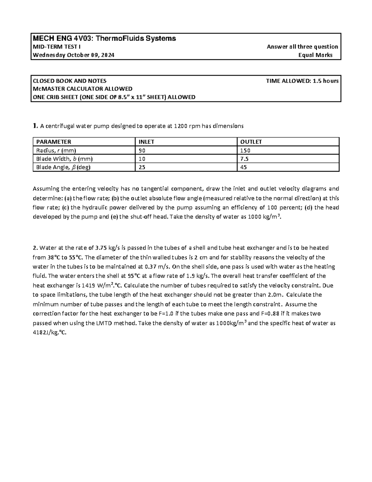MECH ENG 4V03: Midterm Test 1 Solutions - ThermoFluids Systems Fall ...