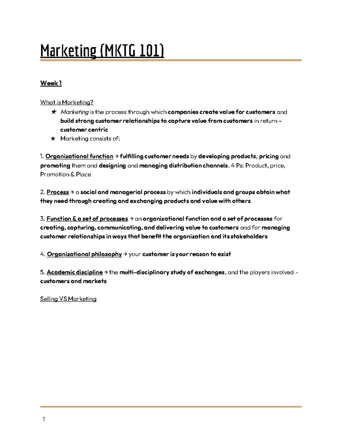 MKTG 101 Week 1 - Overview of Marketing Concepts and Principles - Studocu