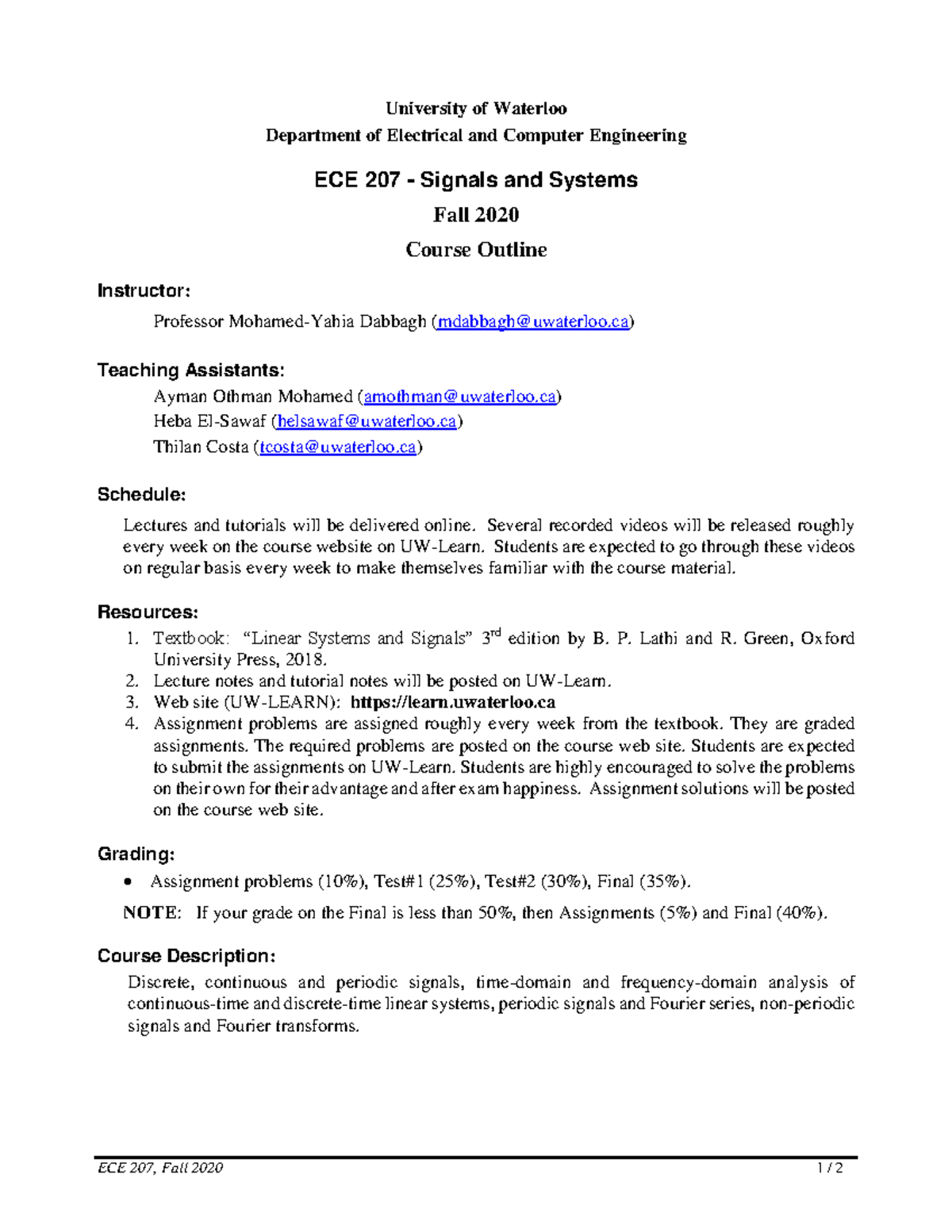 Course Outline for ECE207 - Signals and Systems (Fall 2020) - Studocu